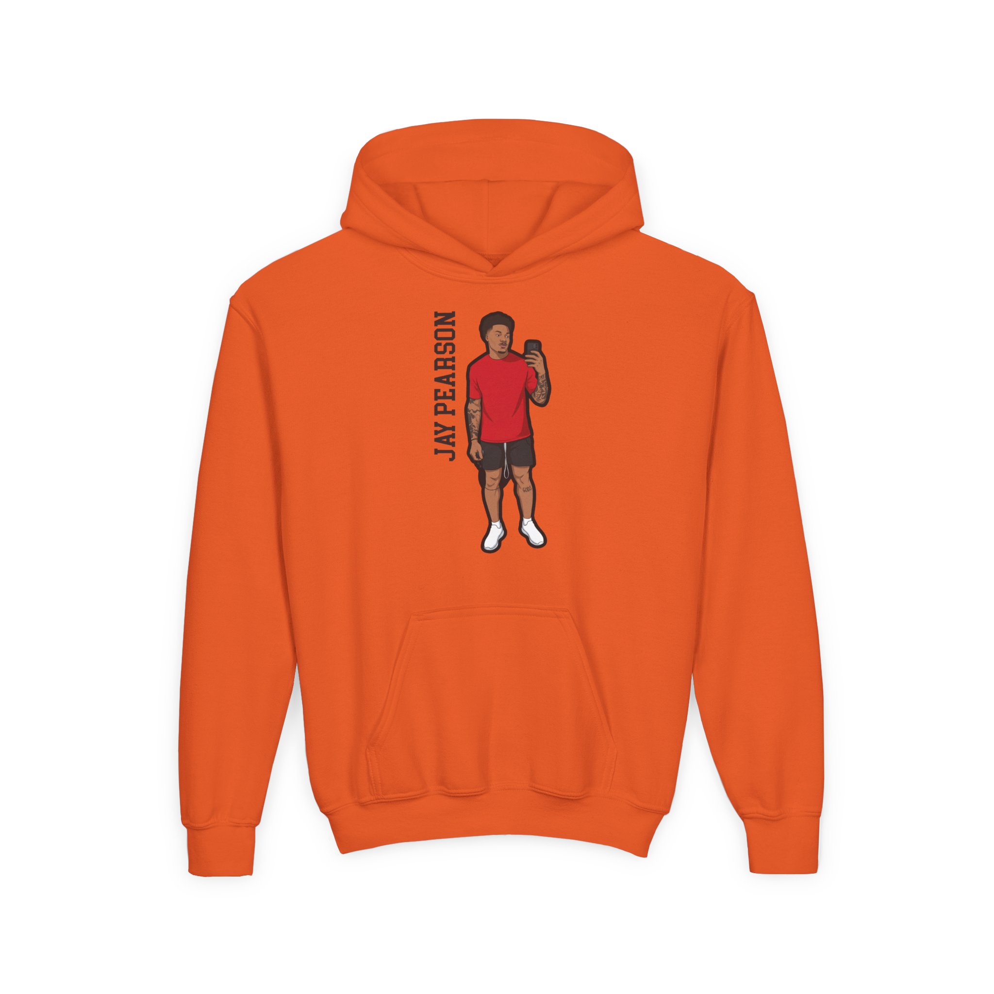 Youth Hoodie — character_name_vertical in Orange
