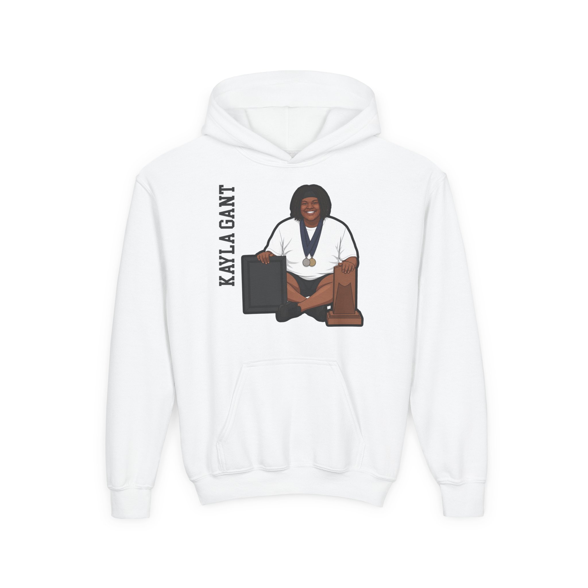 Youth Hoodie — character_name_vertical in White