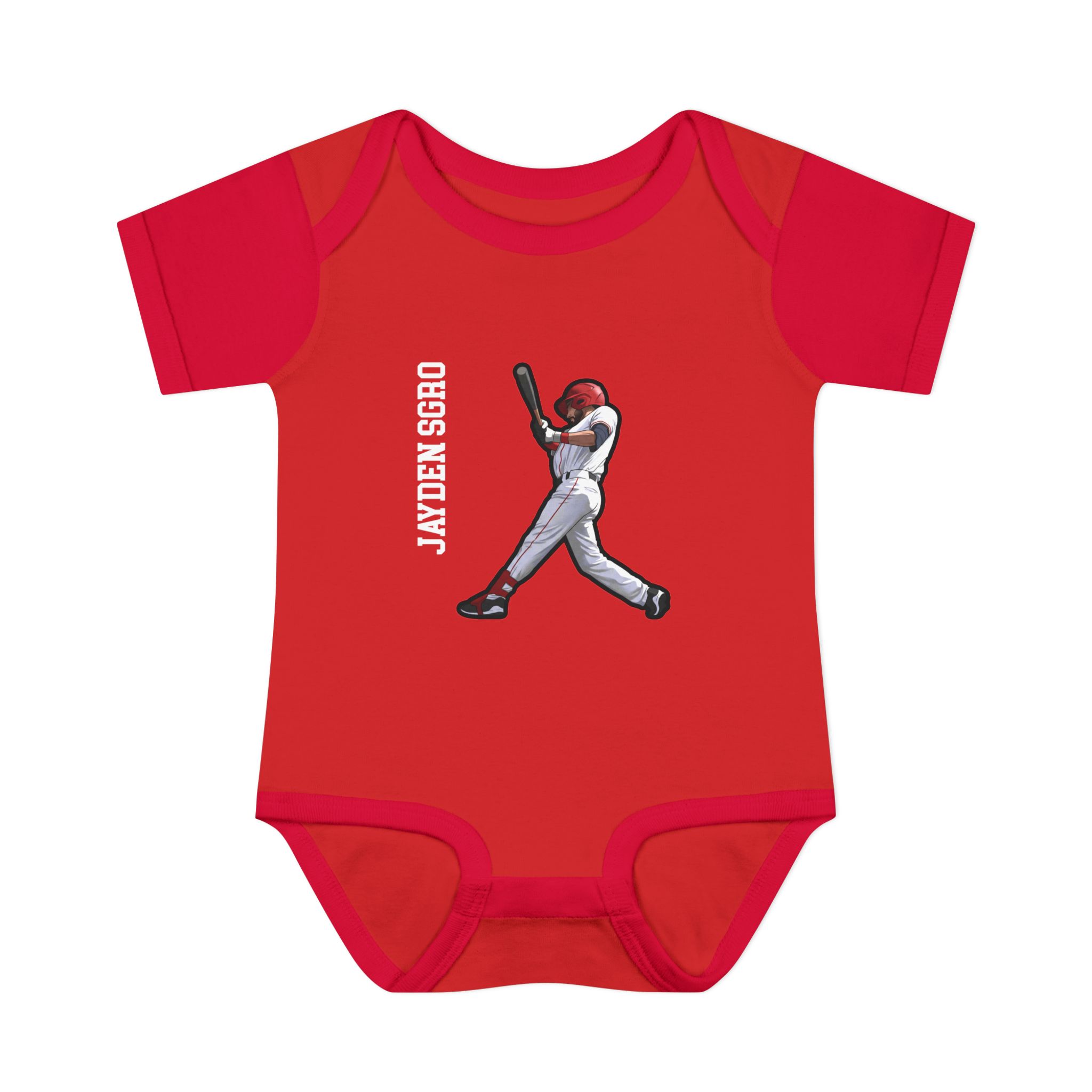 Baby Onesie — character_name_vertical in Red