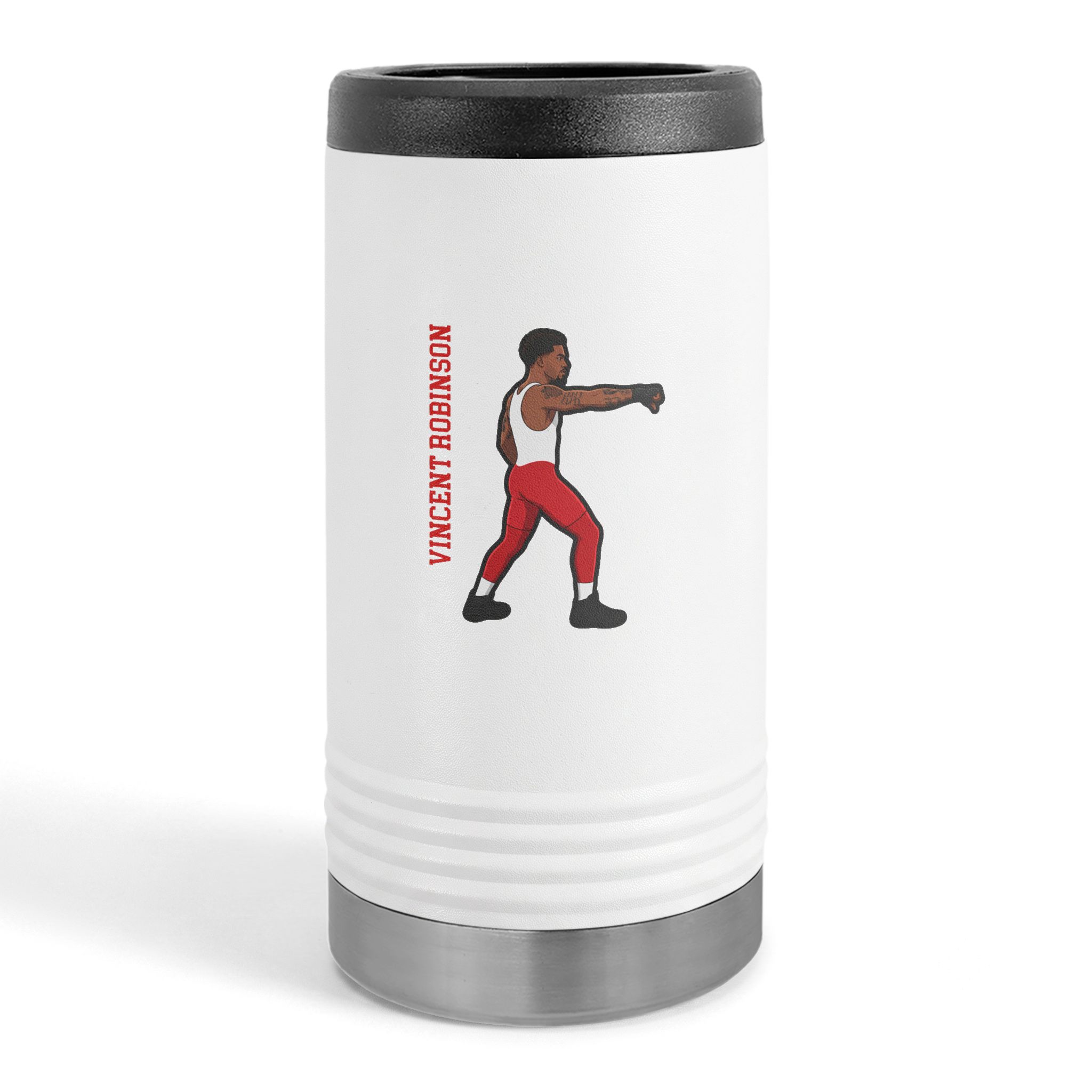 Slim Stainless Can Cooler — character_name_vertical in White
