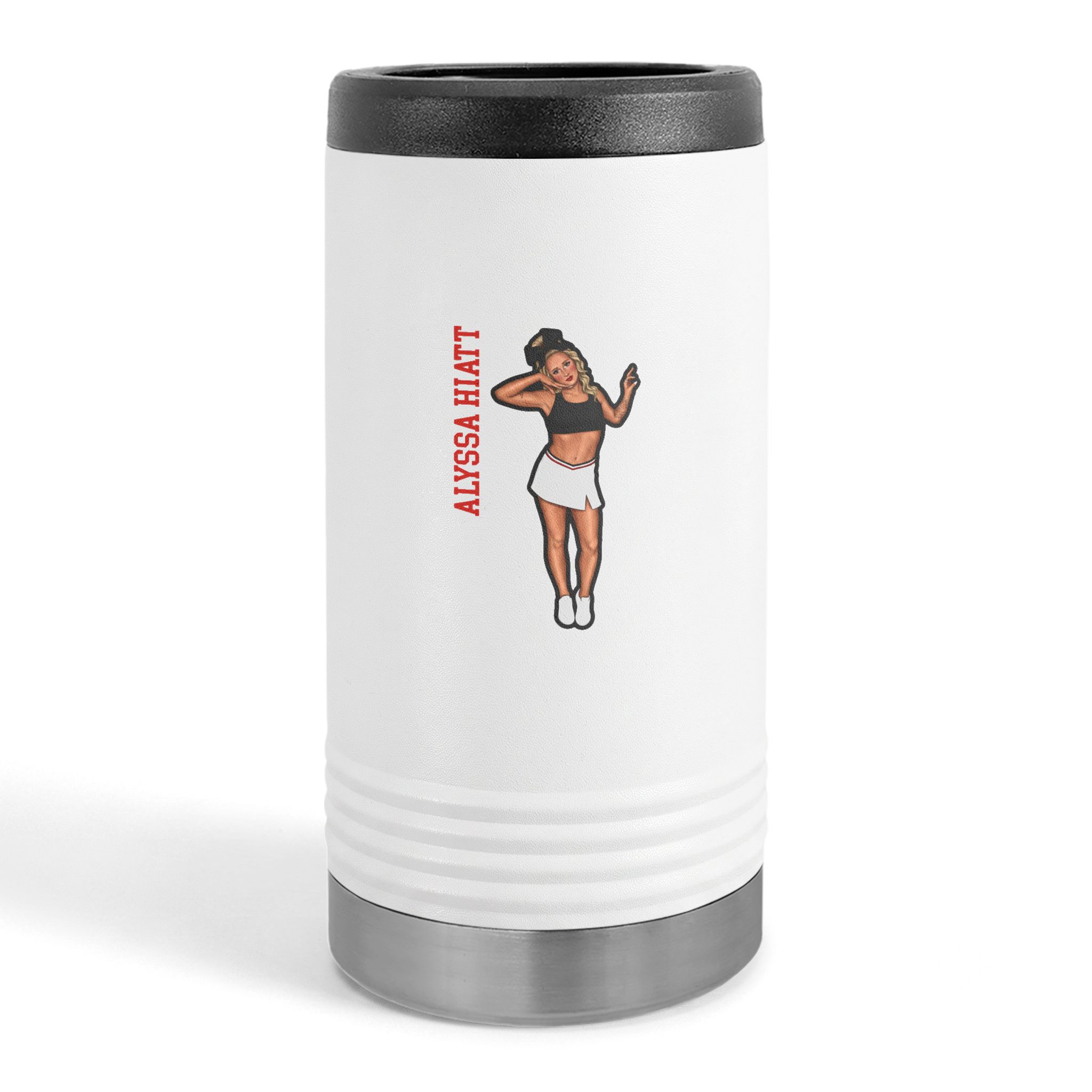 Slim Stainless Can Cooler — character_name_vertical in White