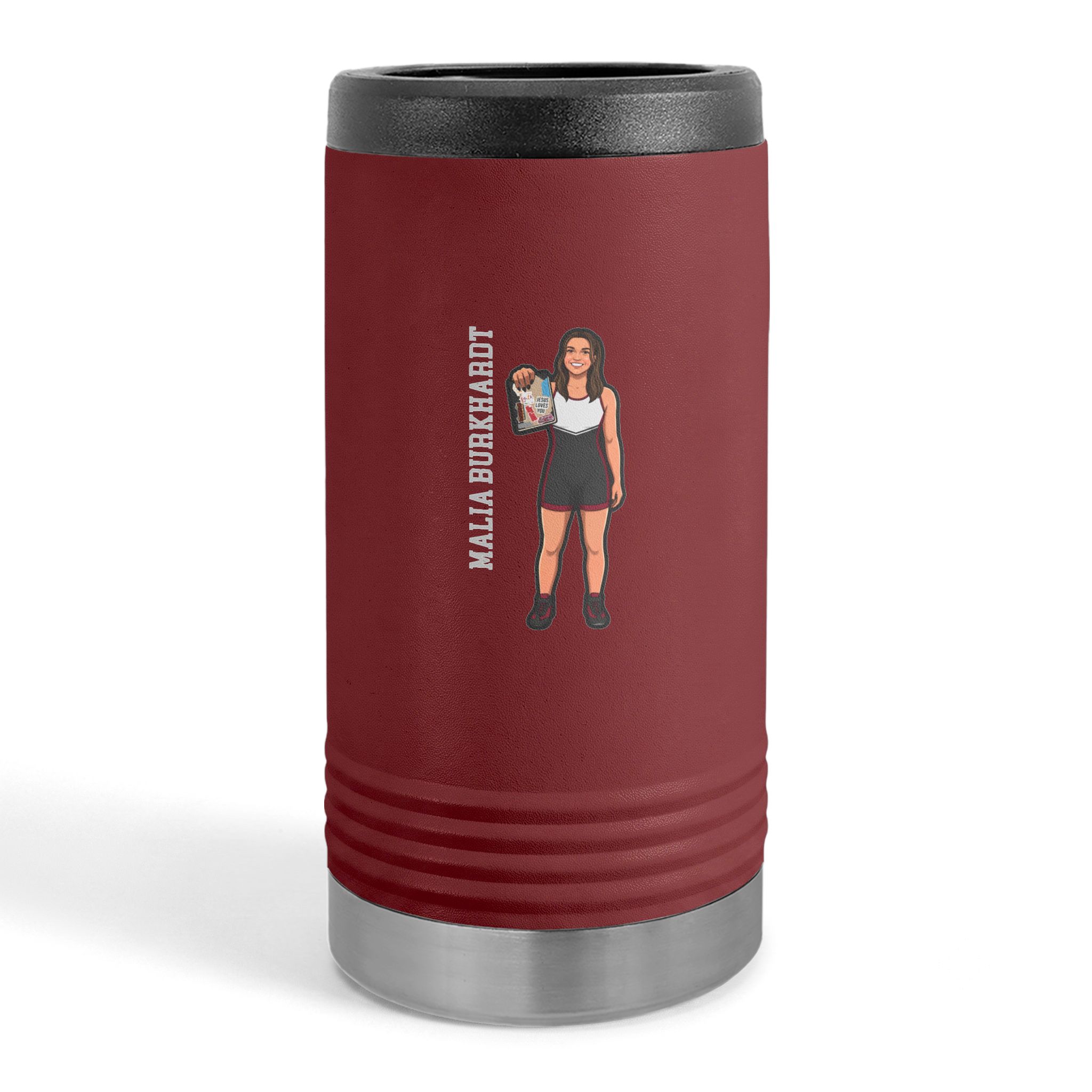 Slim Stainless Can Cooler — character_name_vertical in Maroon