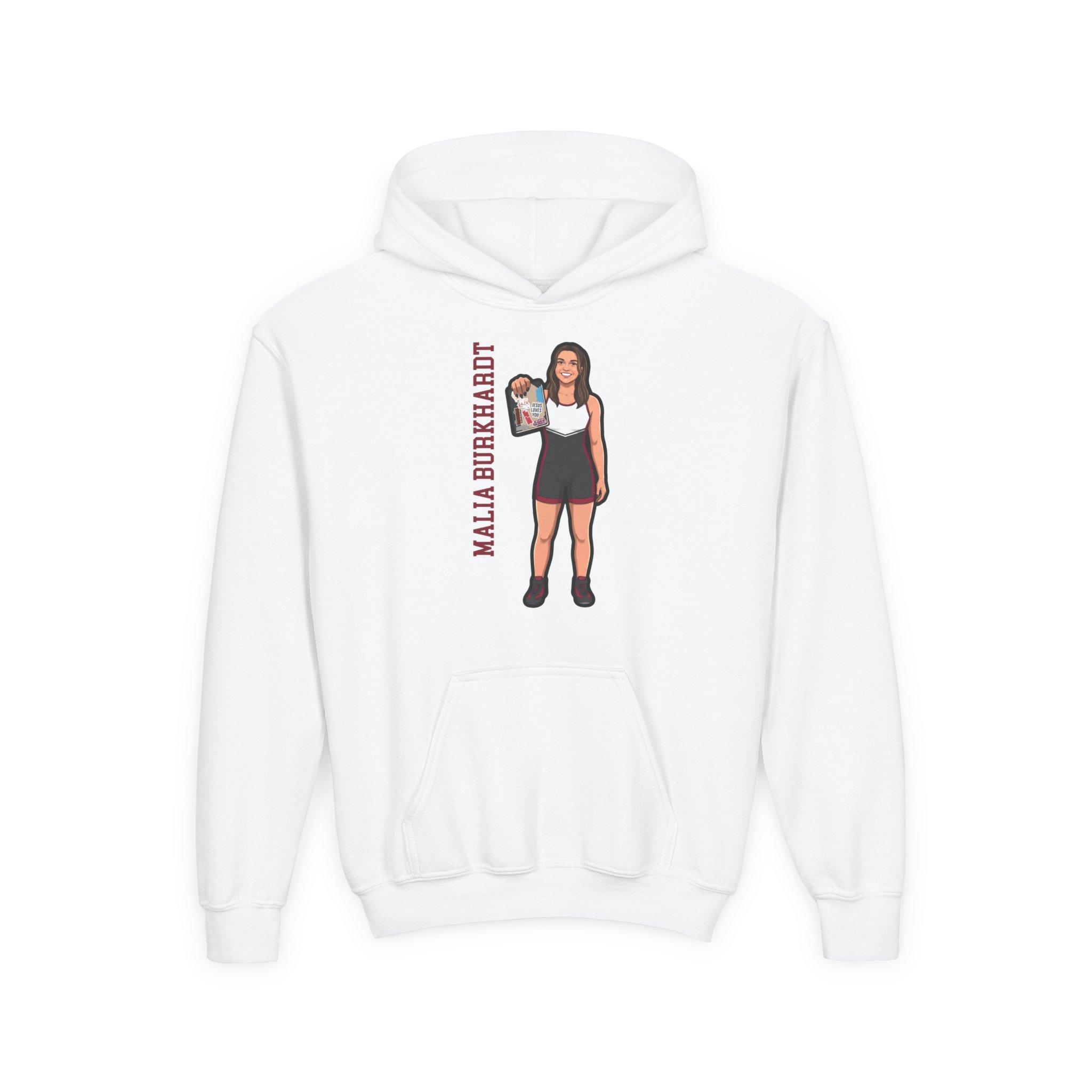 Youth Hoodie — character_name_vertical in White