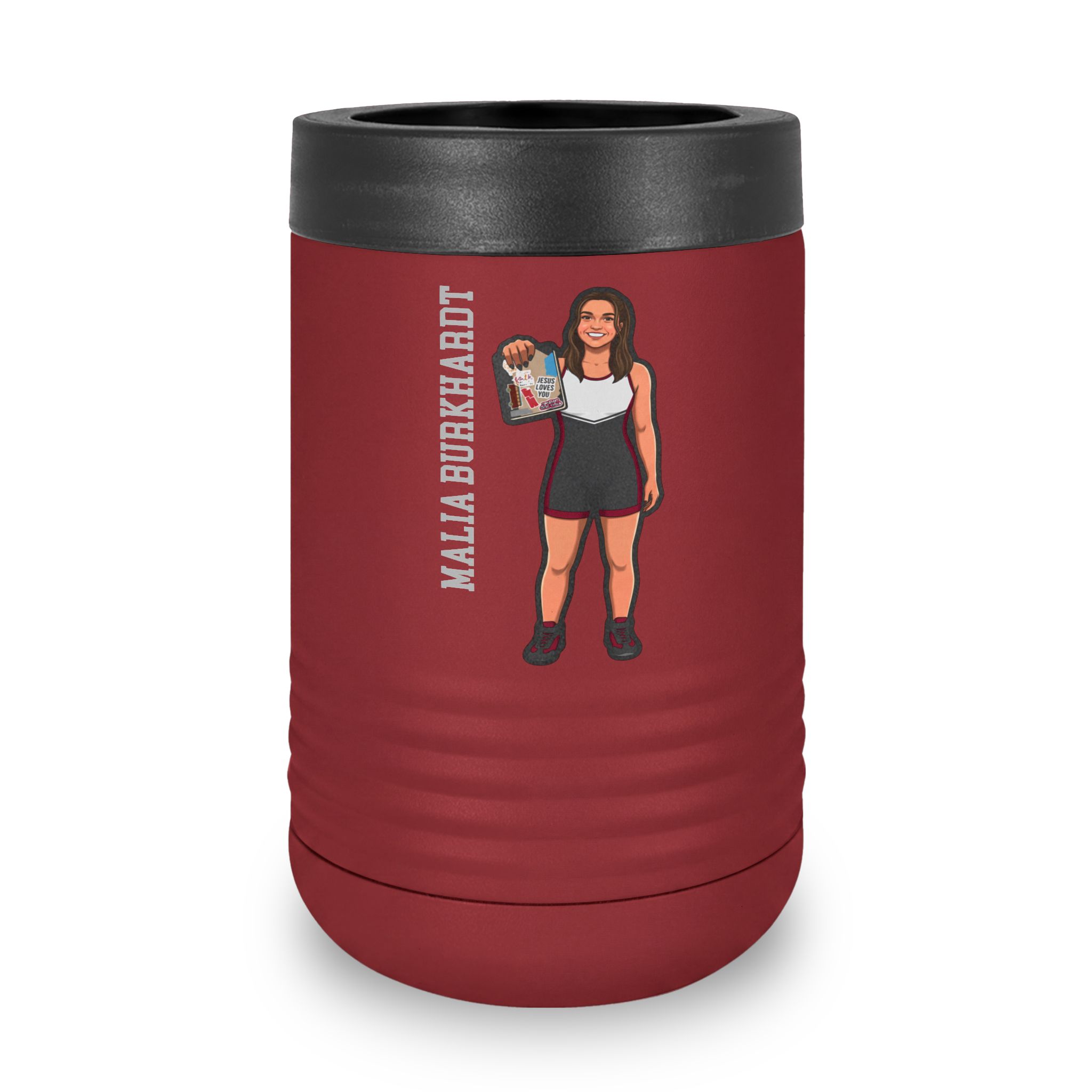 Stainless Can Cooler — character_name_vertical in Maroon