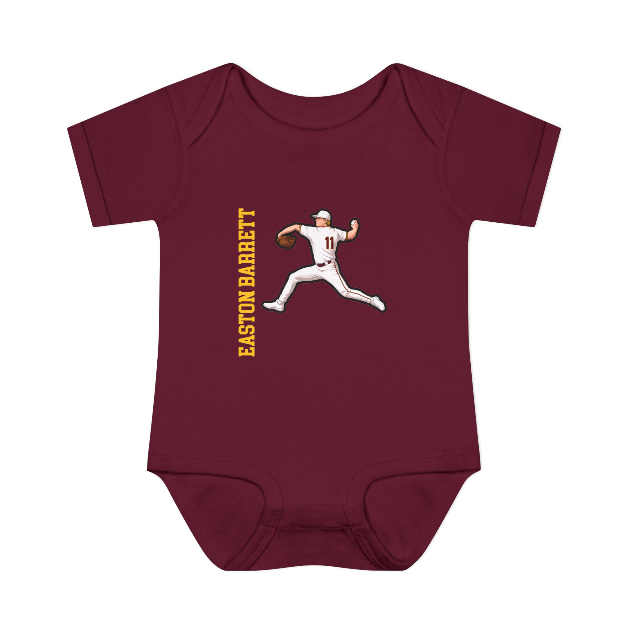 Baby Onesie — character_name_vertical in Maroon