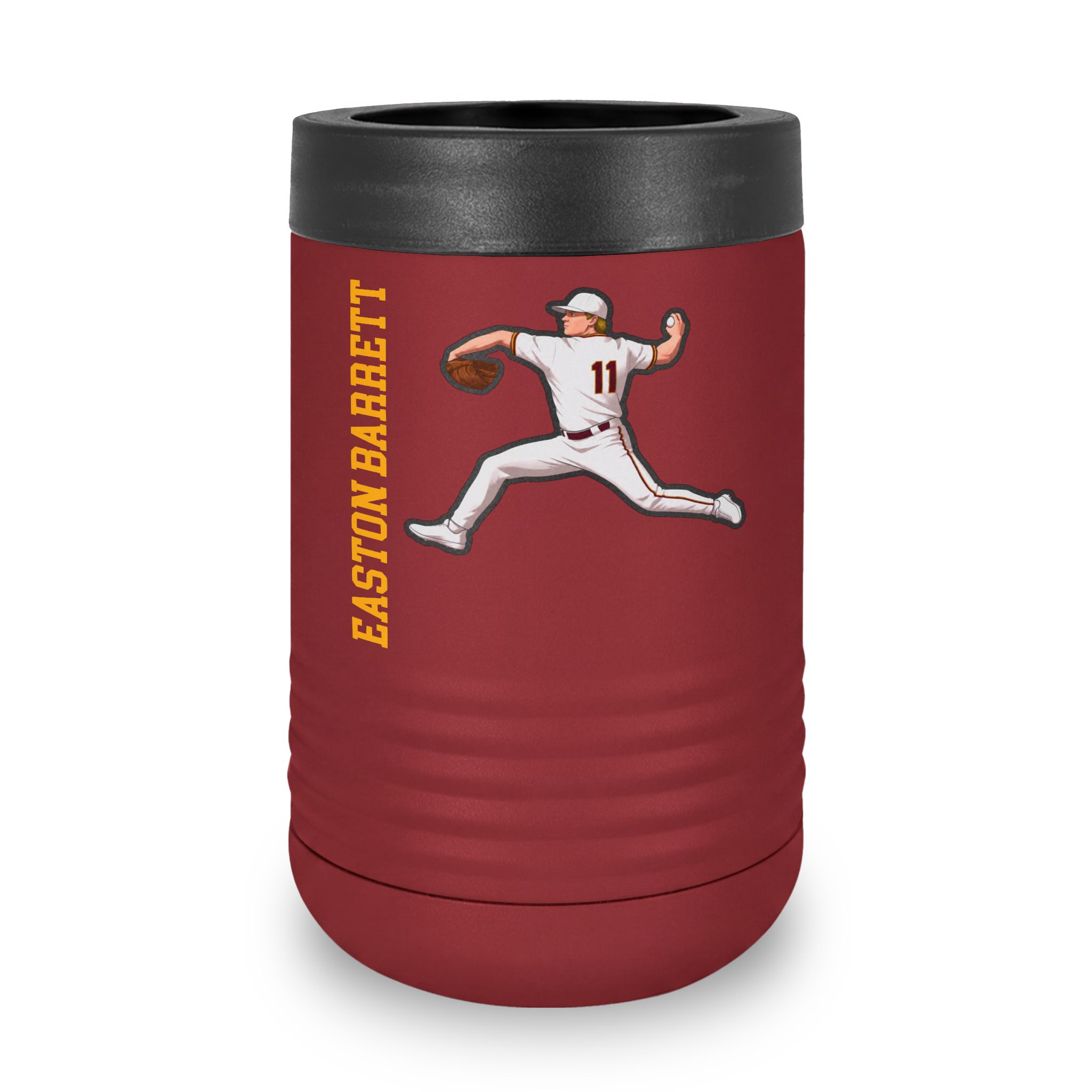 Stainless Can Cooler — character_name_vertical in Maroon