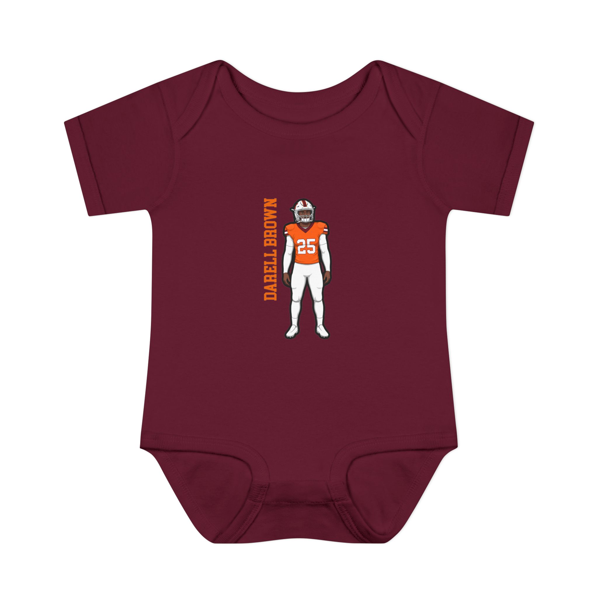 Baby Onesie — character_name_vertical in Maroon