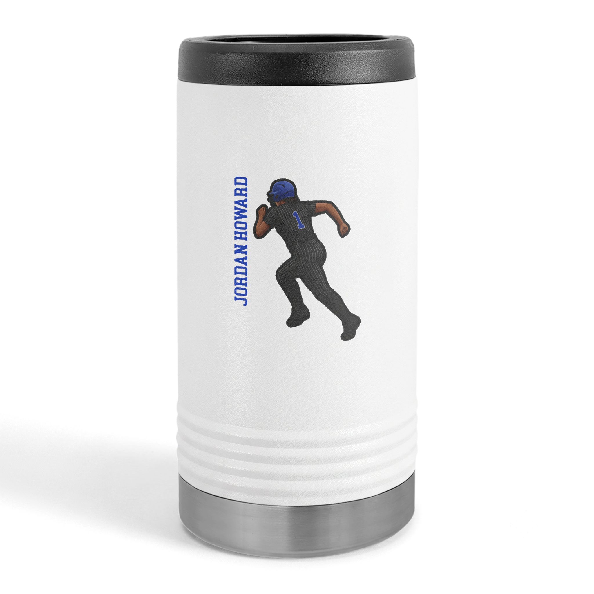 Slim Stainless Can Cooler — character_name_vertical in White