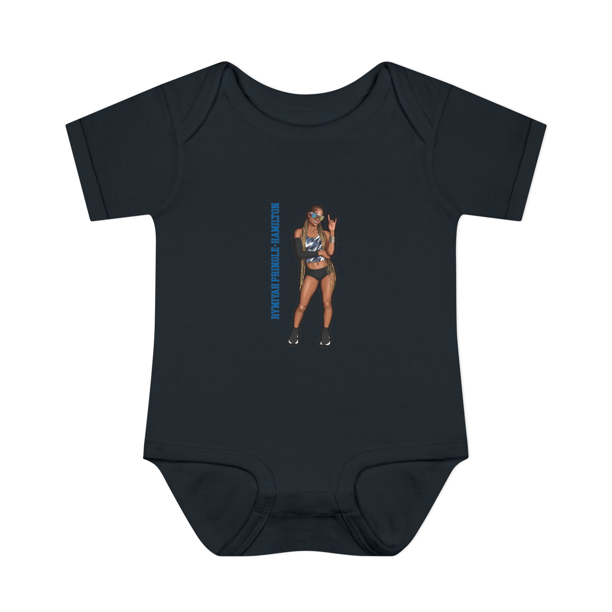 Baby Onesie — character_name_vertical in Black