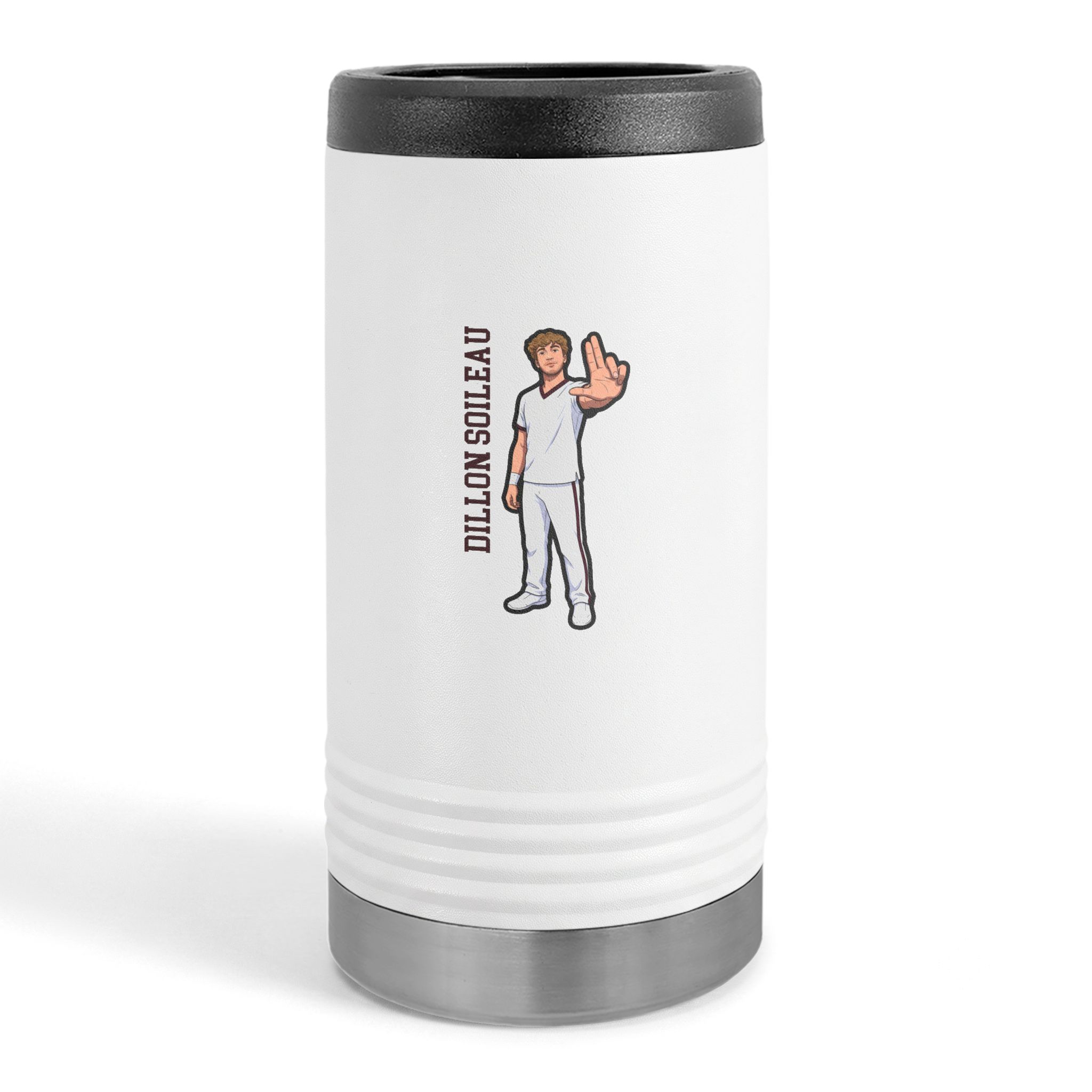 Slim Stainless Can Cooler — character_name_vertical in White