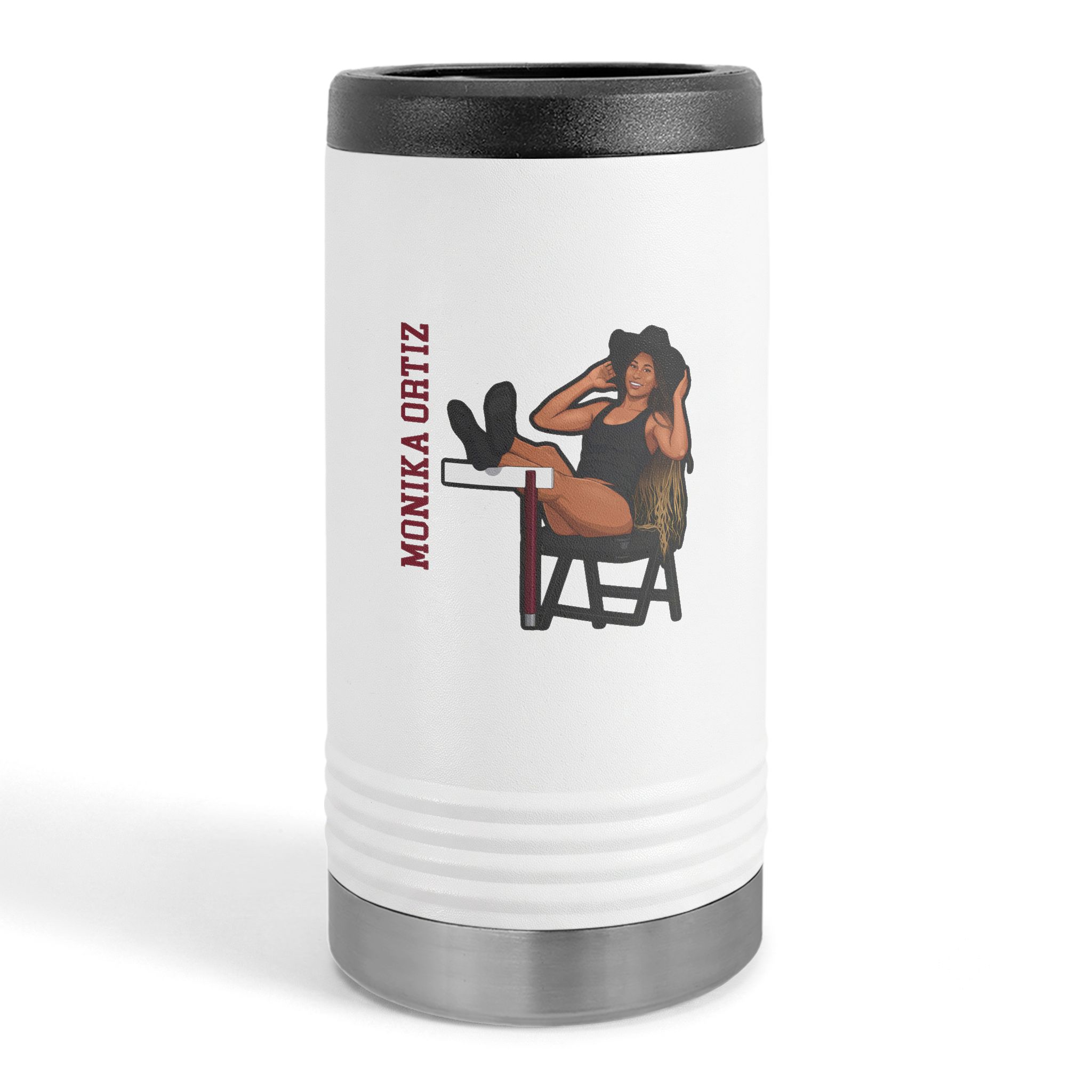 Slim Stainless Can Cooler — character_name_vertical in White