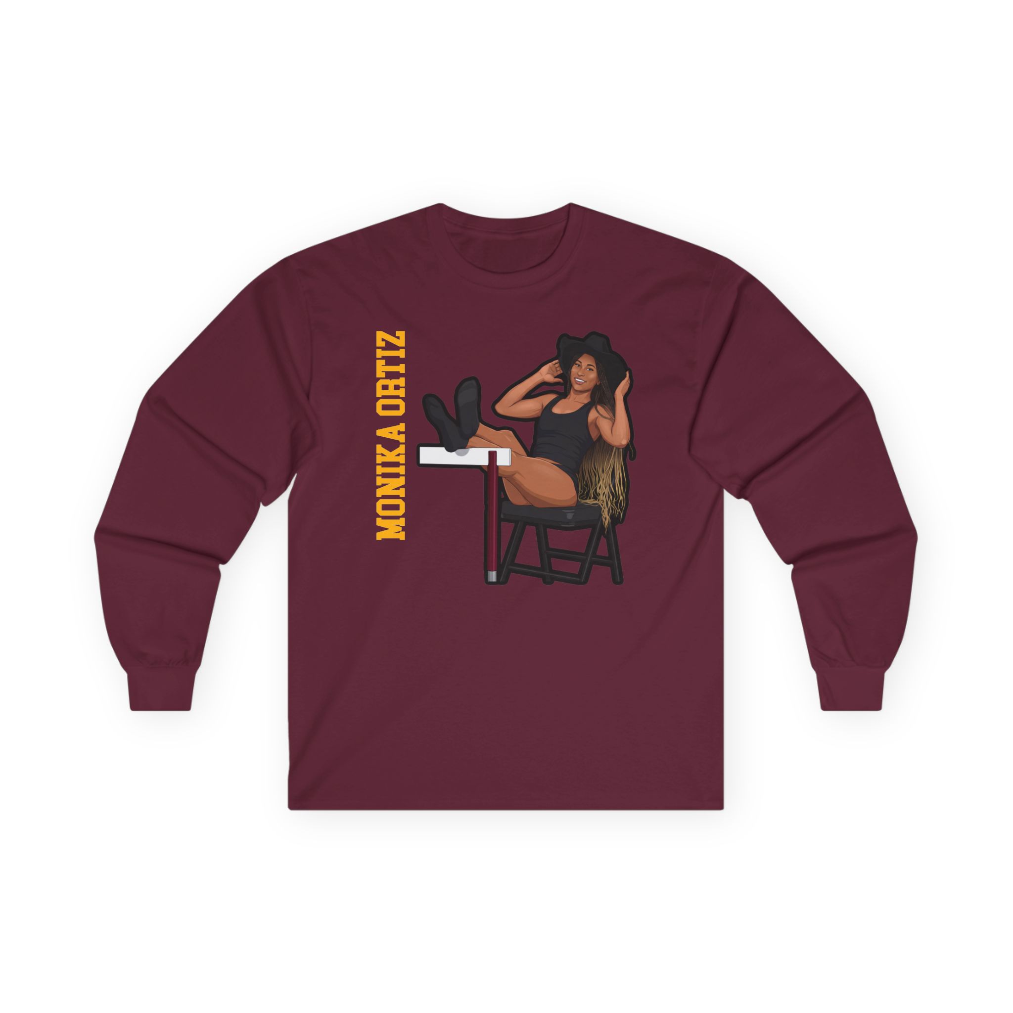 Long Sleeve Tee — character_name_vertical in Maroon