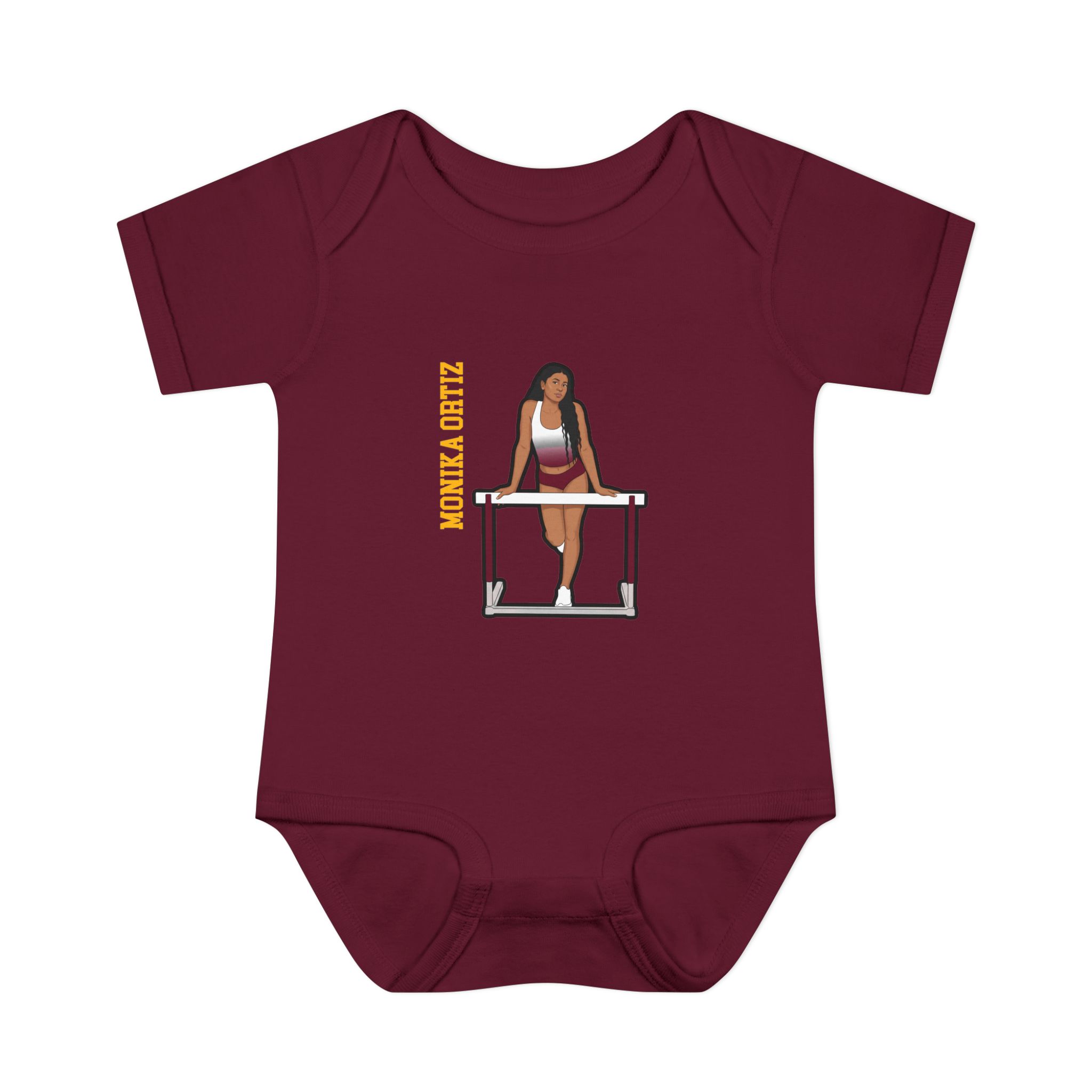 Baby Onesie — character_name_vertical in Maroon