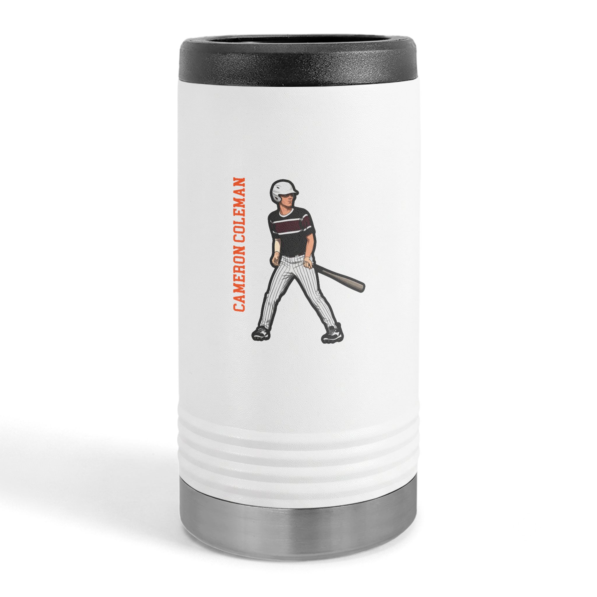 Slim Stainless Can Cooler — character_name_vertical in White