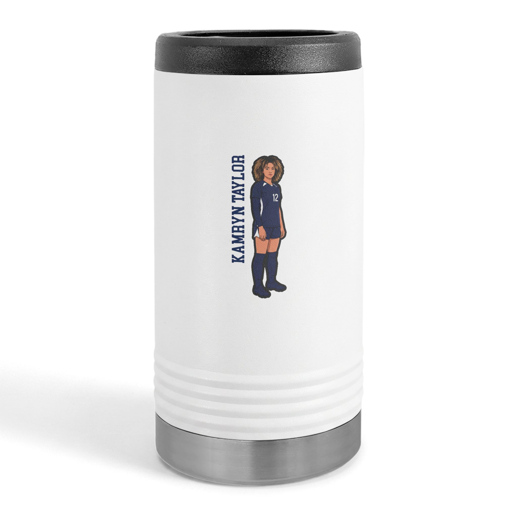 Slim Stainless Can Cooler — character_name_vertical in White