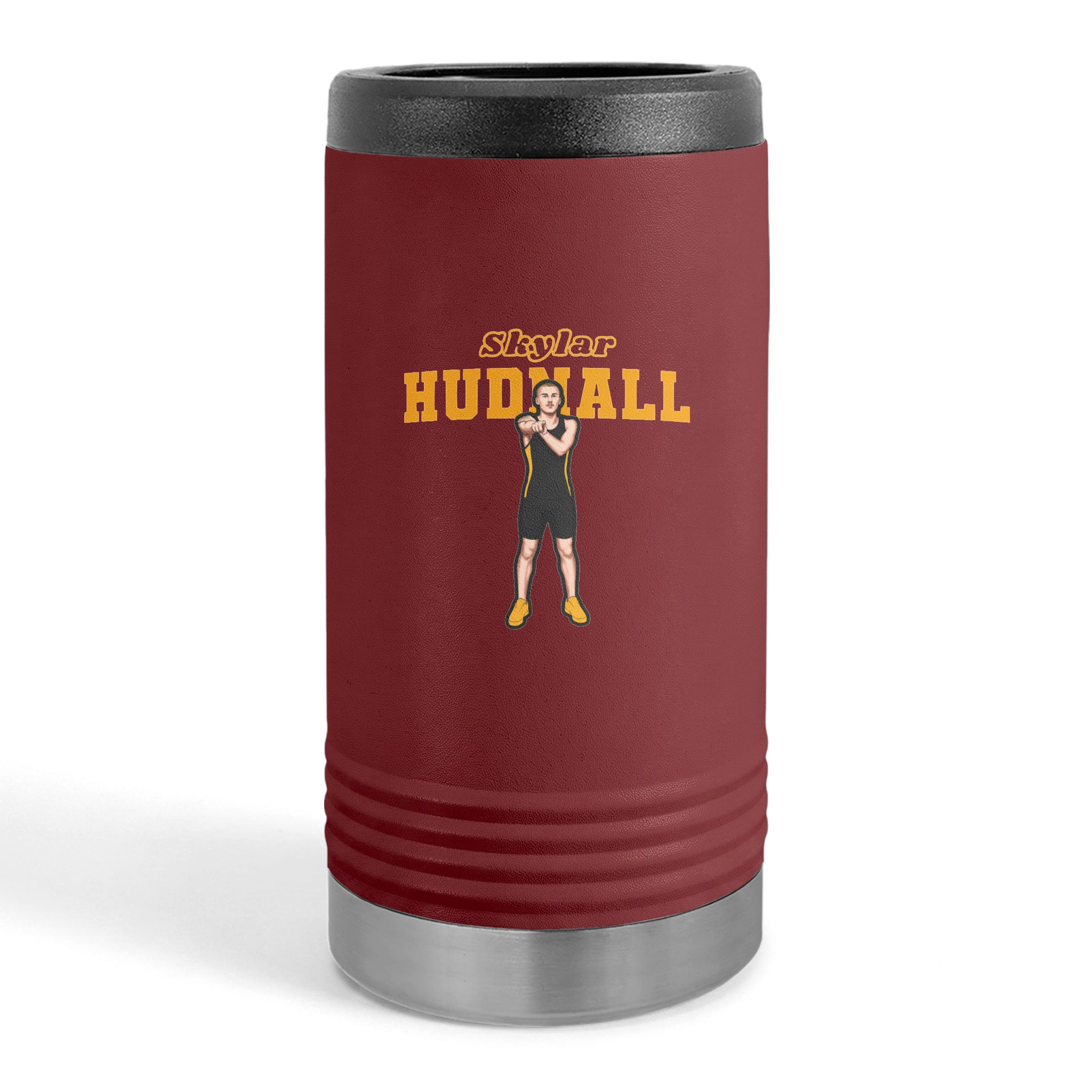 Slim Stainless Can Cooler — character_name_arch in Maroon