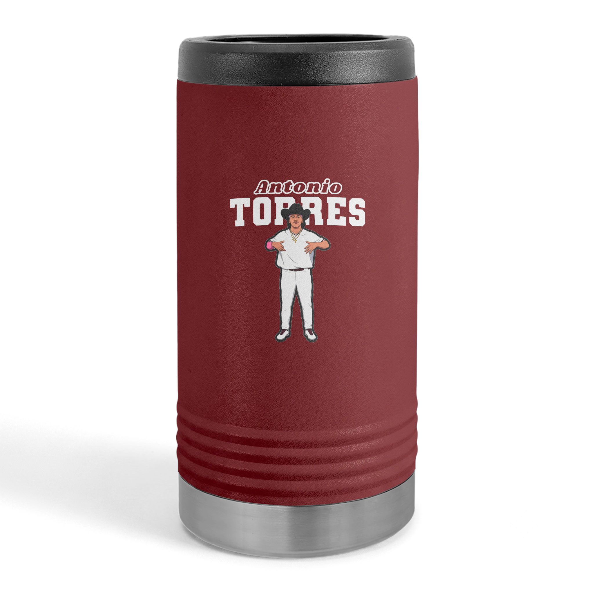 Slim Stainless Can Cooler — character_name_arch in Maroon