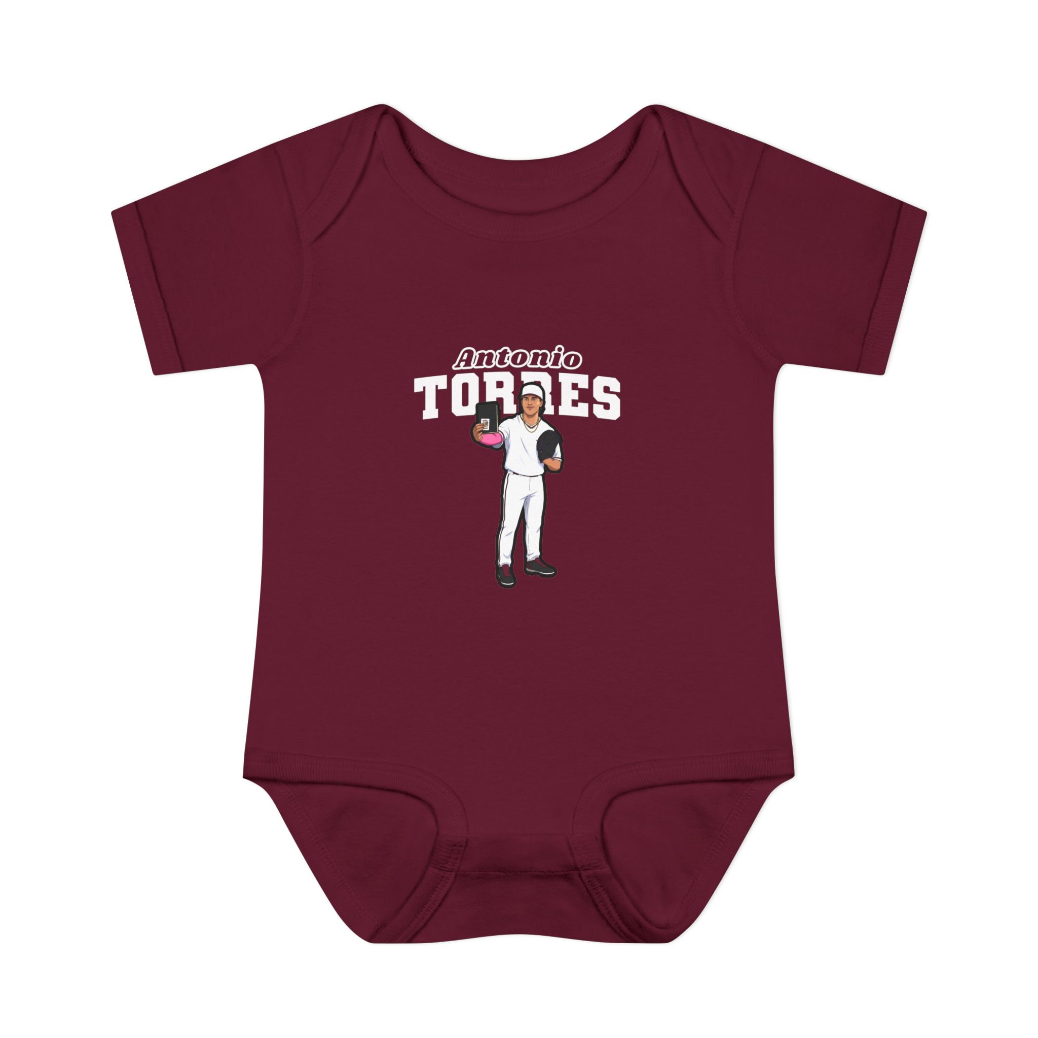 Baby Onesie — character_name_arch in Maroon