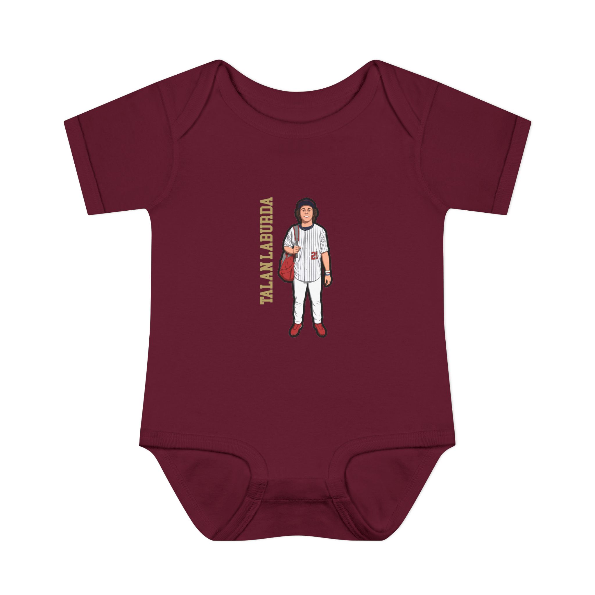 Baby Onesie — character_name_vertical in Maroon
