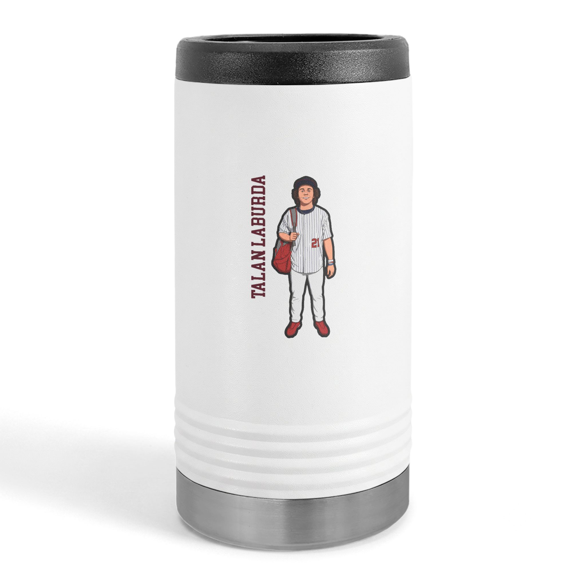 Slim Stainless Can Cooler — character_name_vertical in White