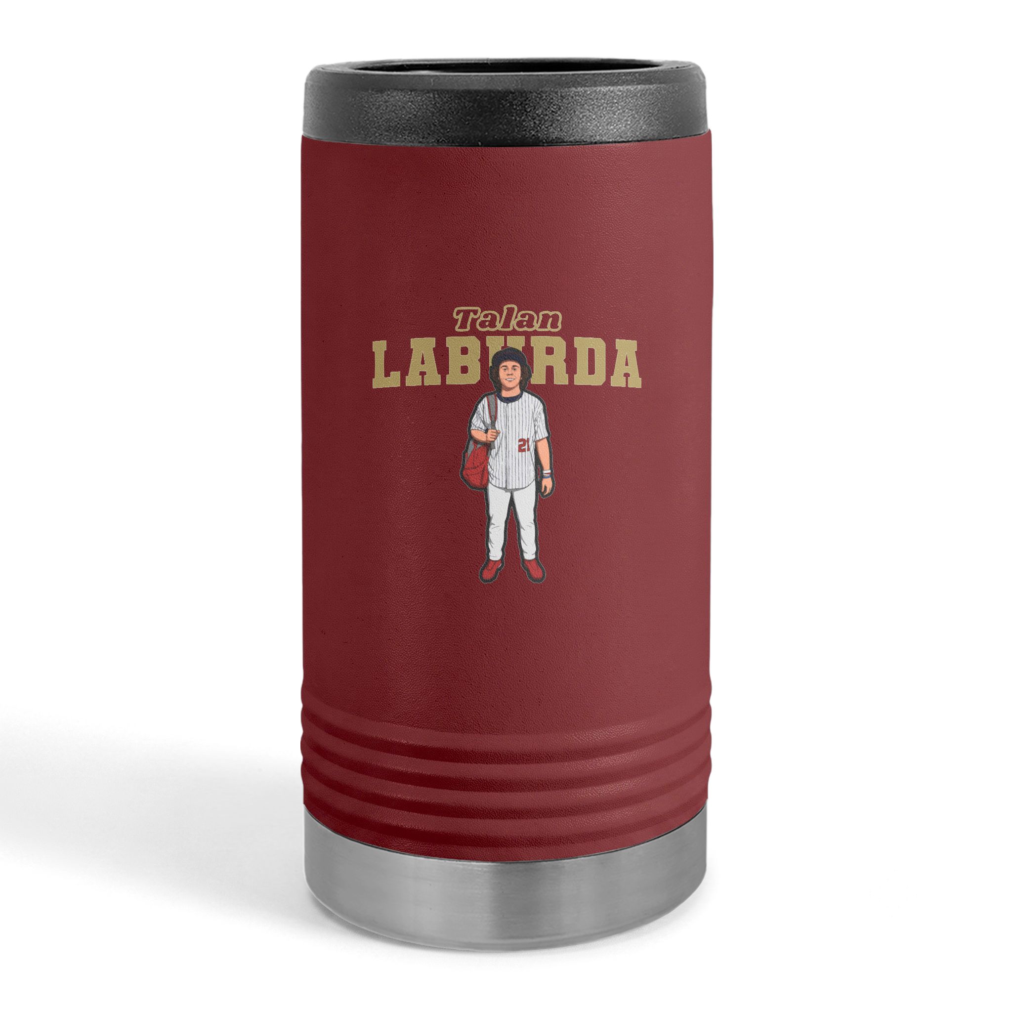 Slim Stainless Can Cooler — character_name_arch in Maroon