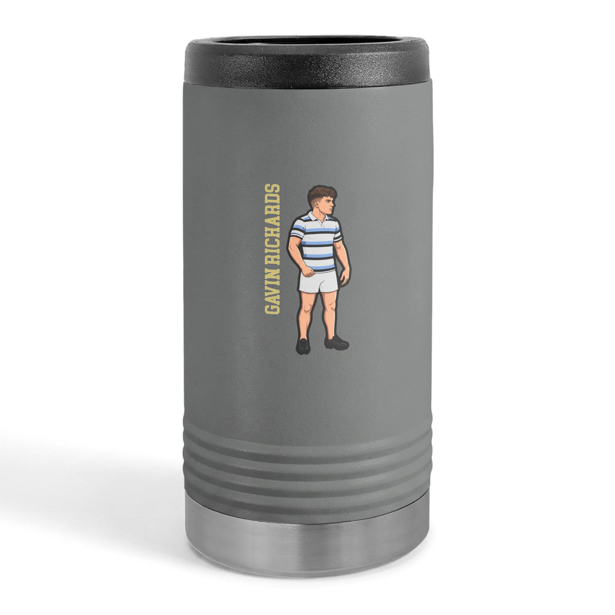 Slim Stainless Can Cooler — character_name_vertical in Grey