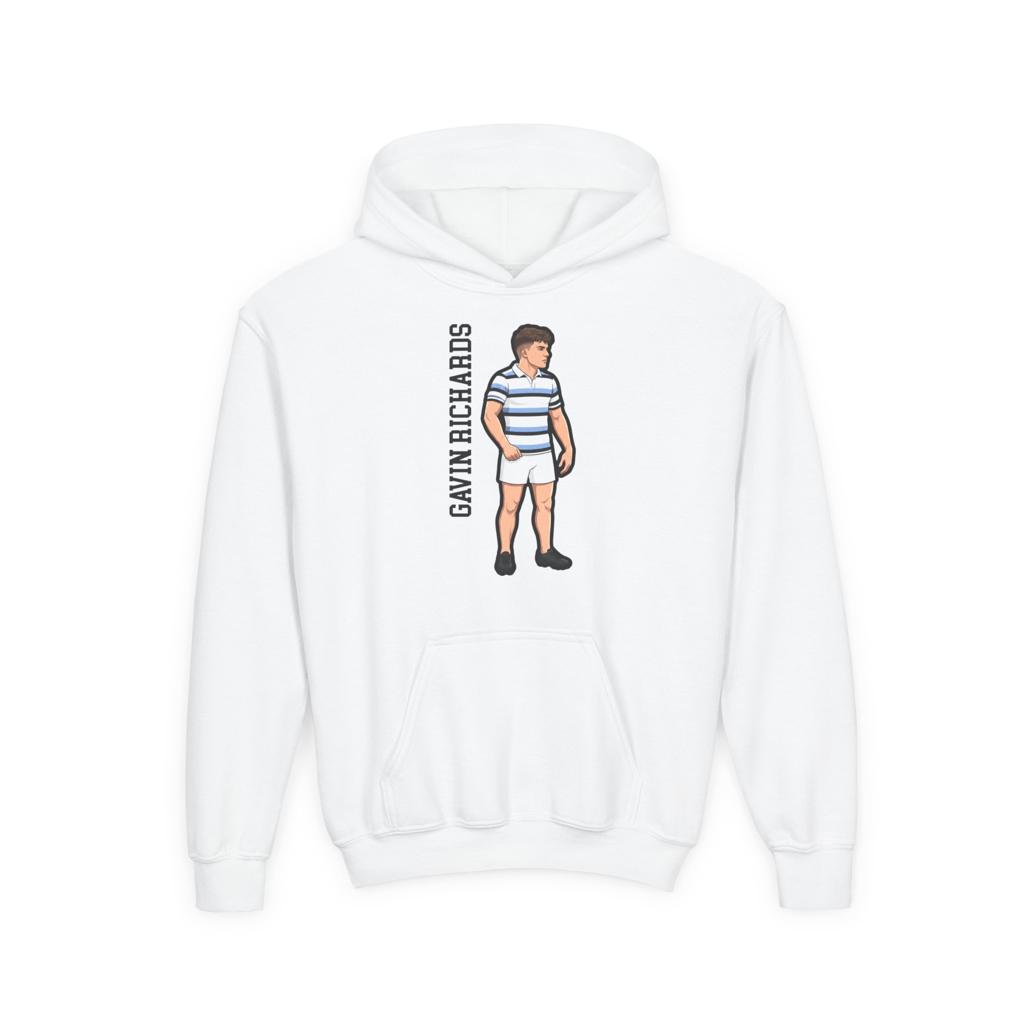 Youth Hoodie — character_name_vertical in White