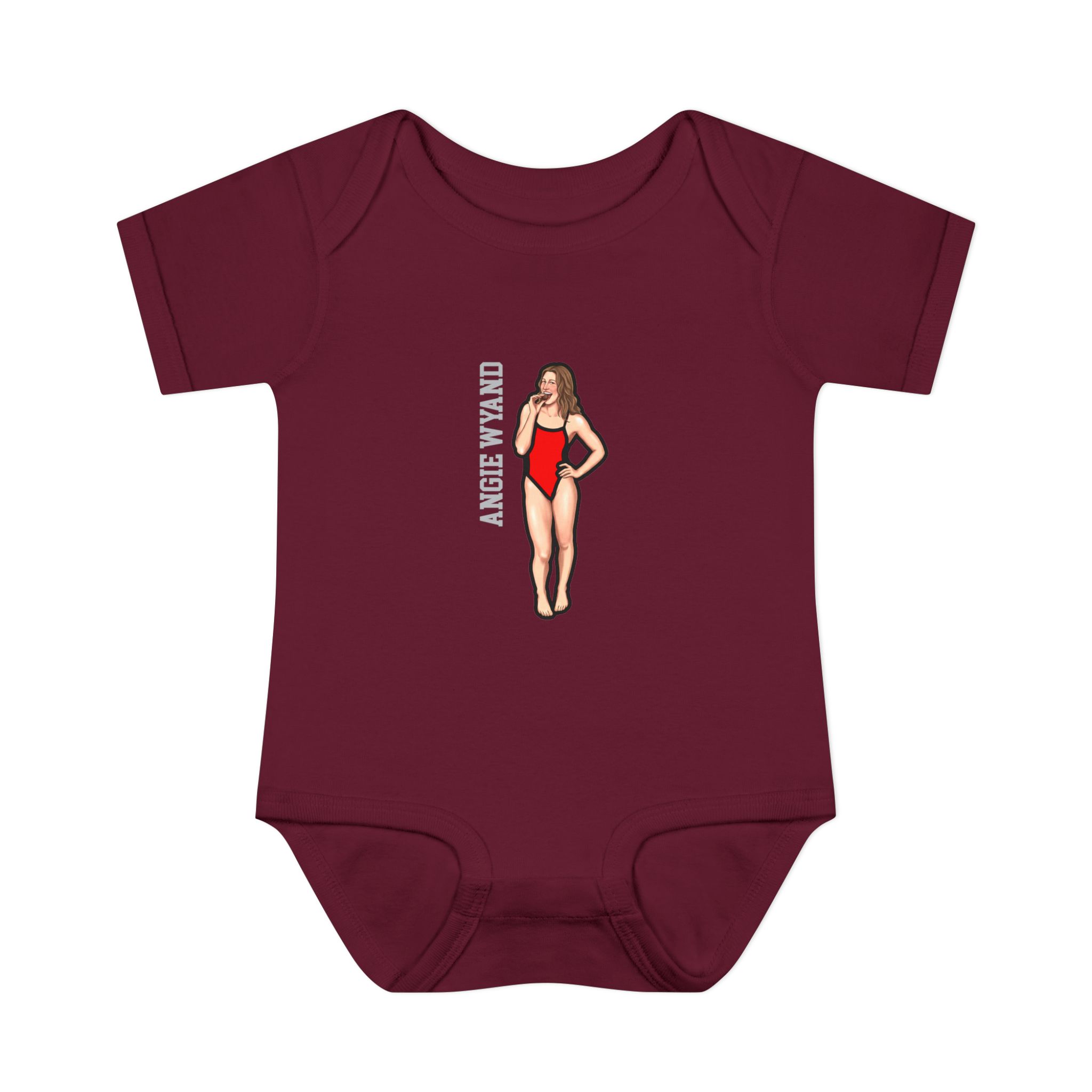 Baby Onesie — character_name_vertical in Maroon