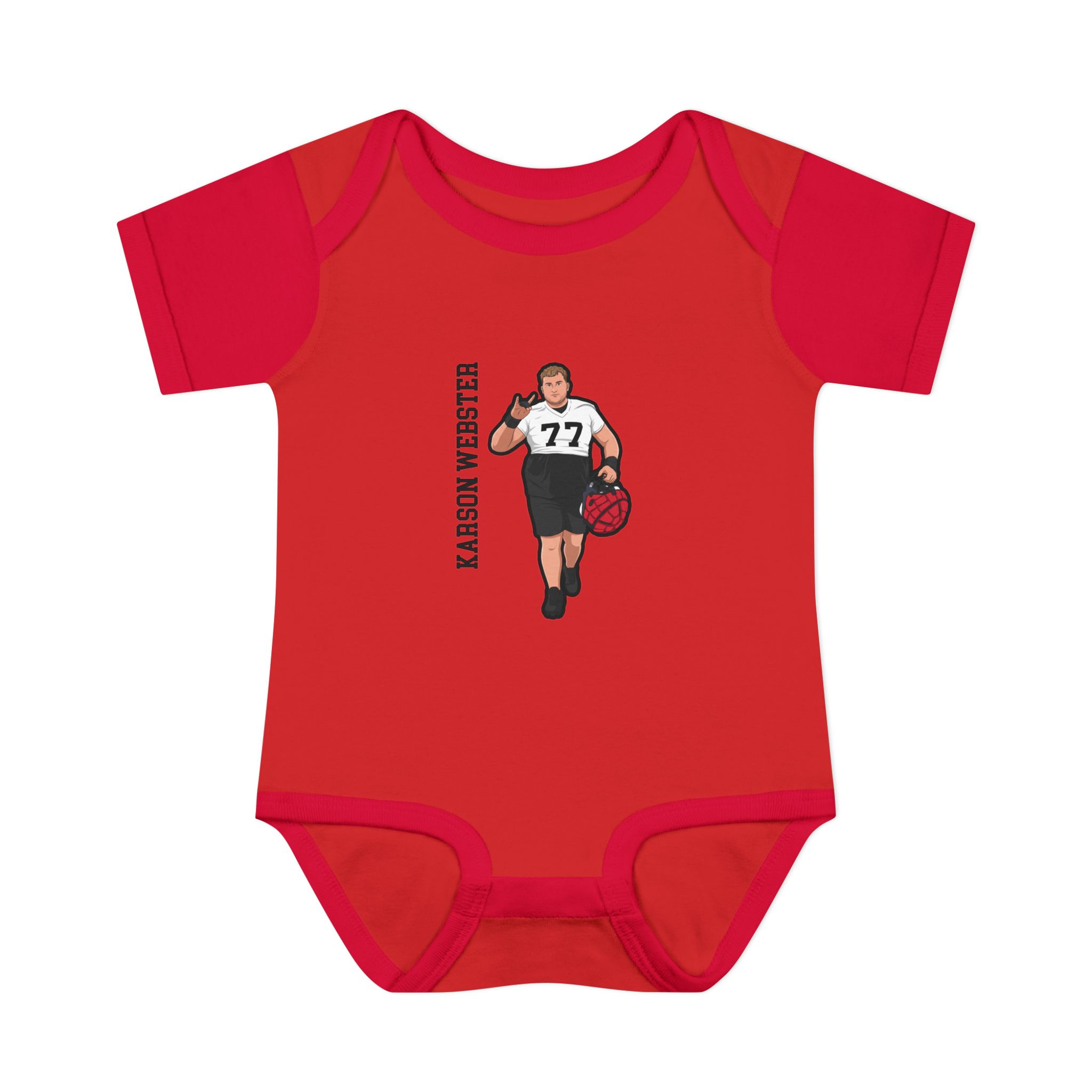 Baby Onesie — character_name_vertical in Red