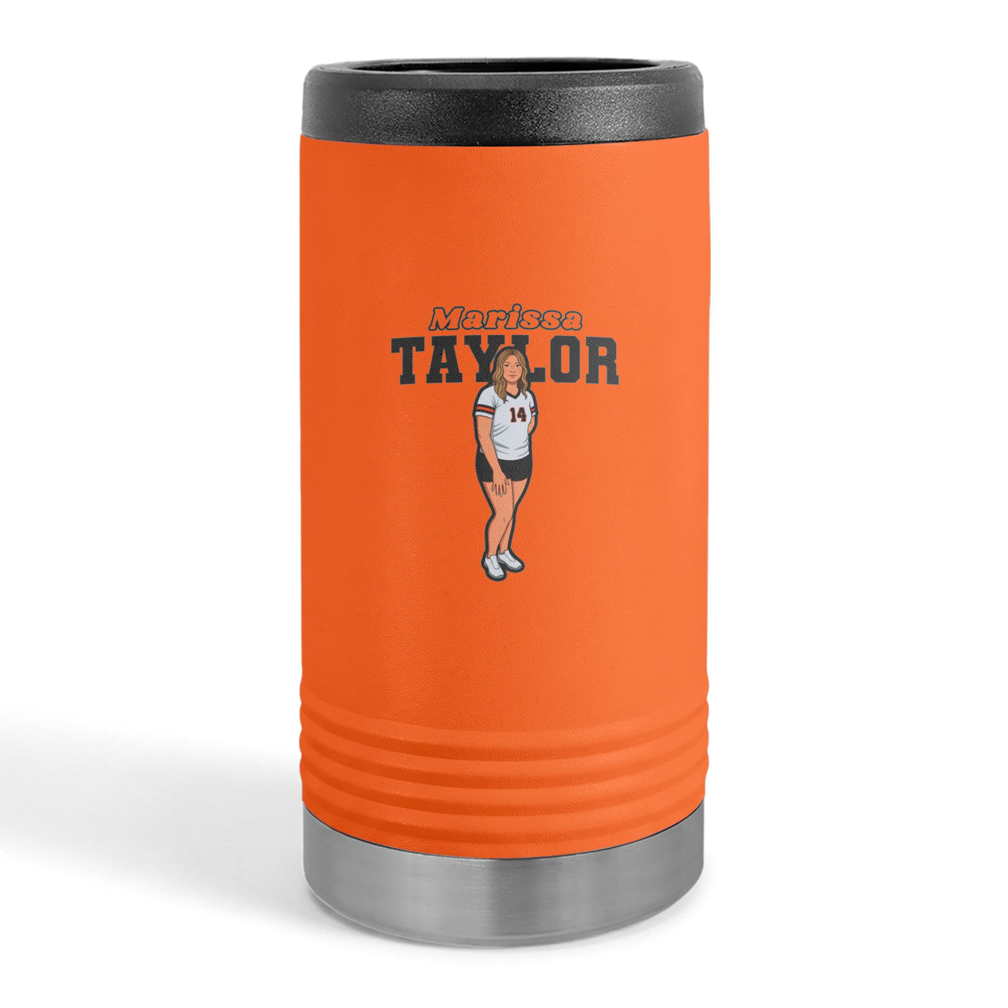 Slim Stainless Can Cooler — character_name_arch in Orange