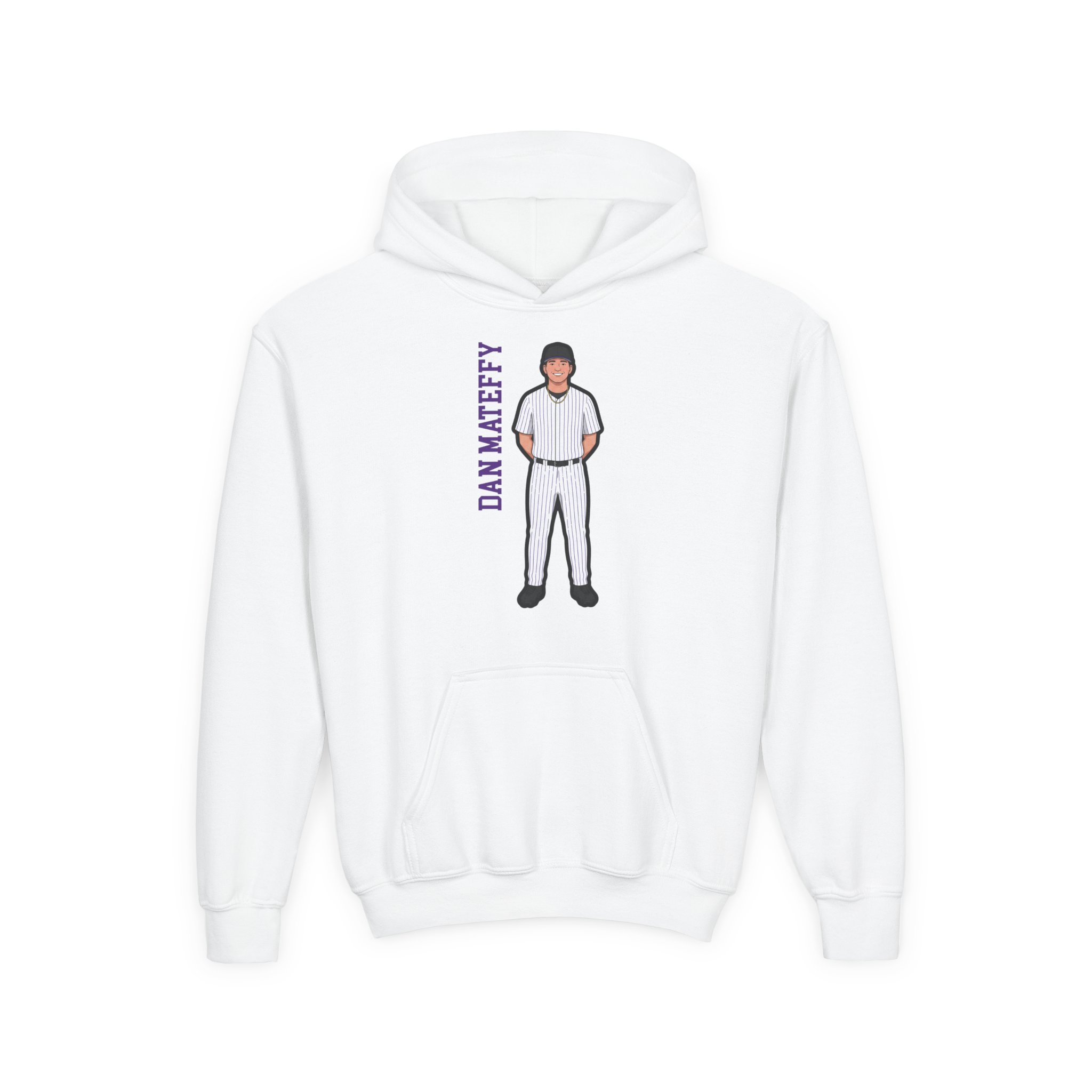 Youth Hoodie — character_name_vertical in White