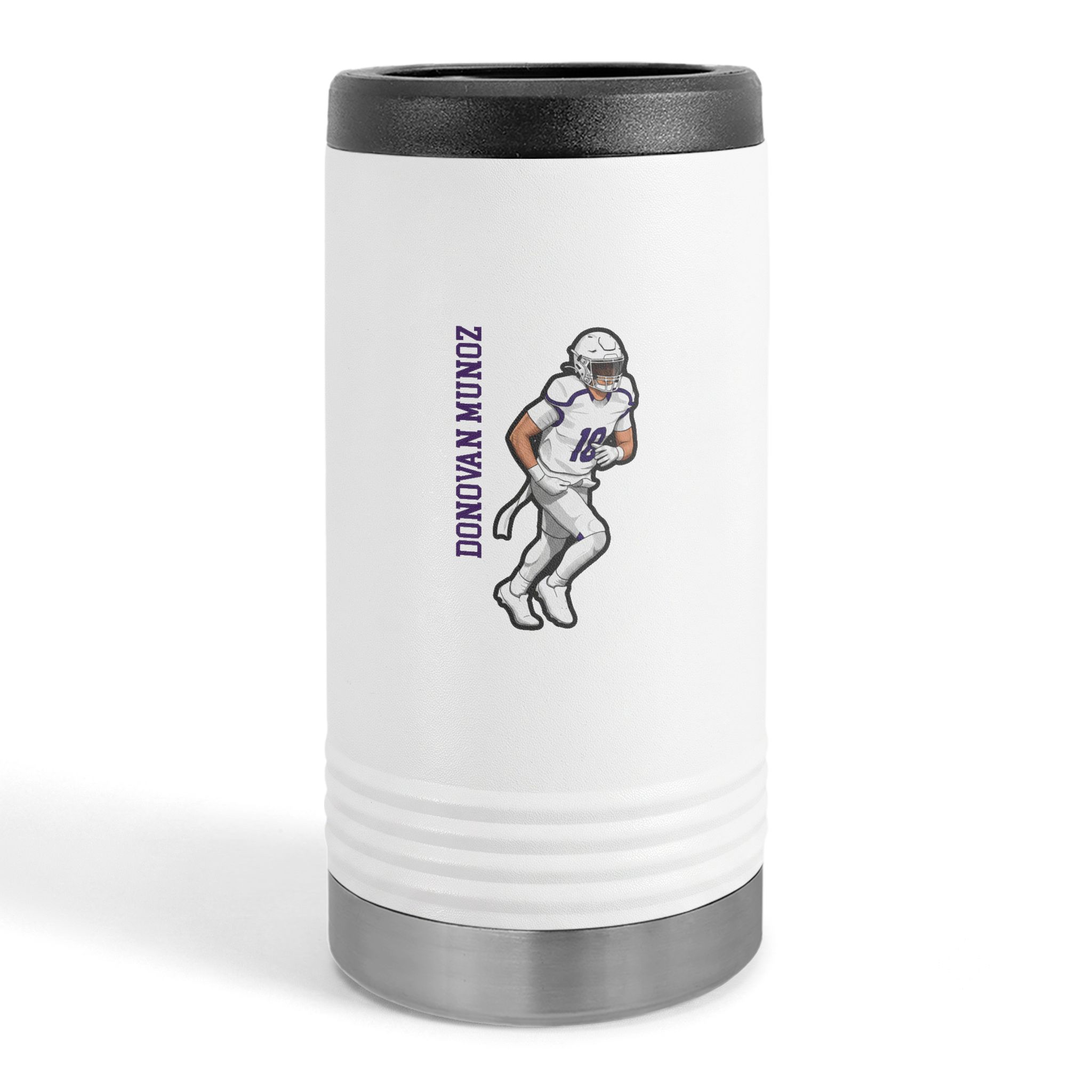 Slim Stainless Can Cooler — character_name_vertical in White