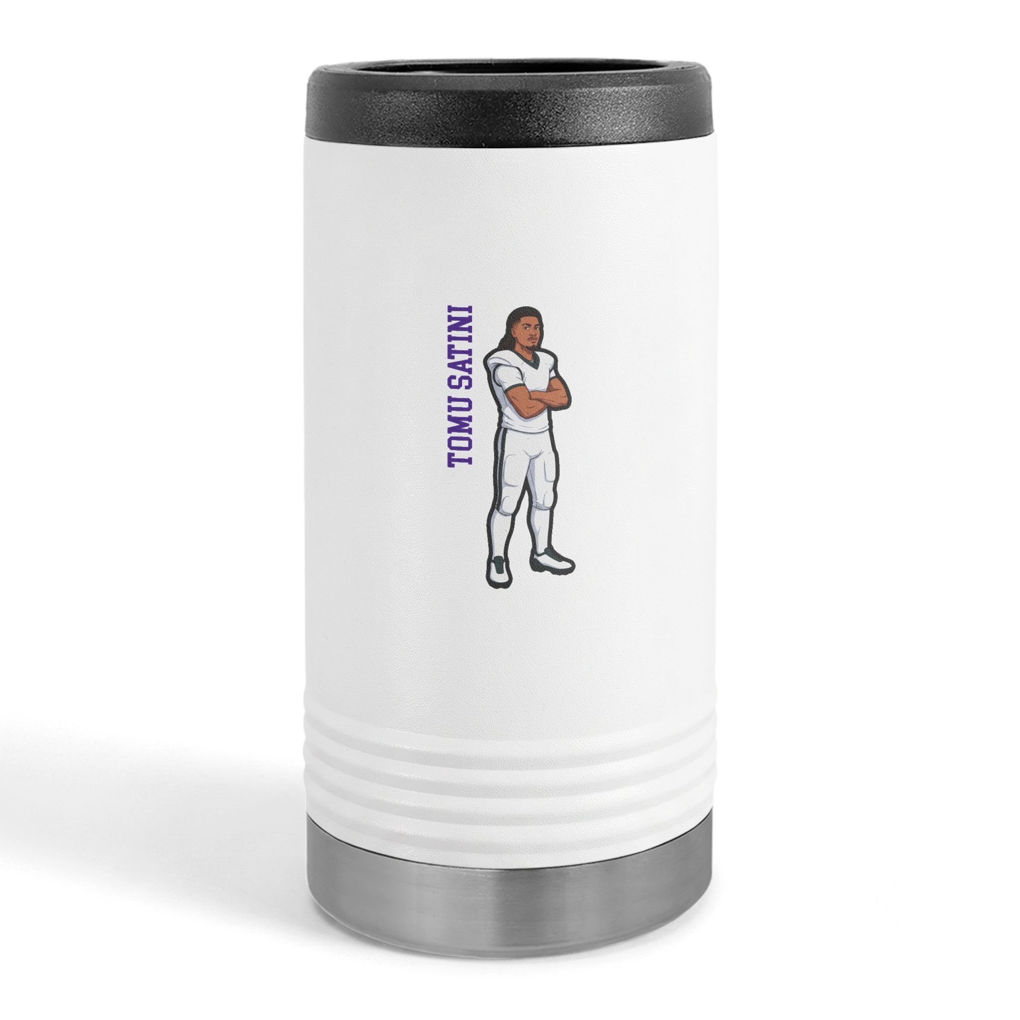 Slim Stainless Can Cooler — character_name_vertical in White