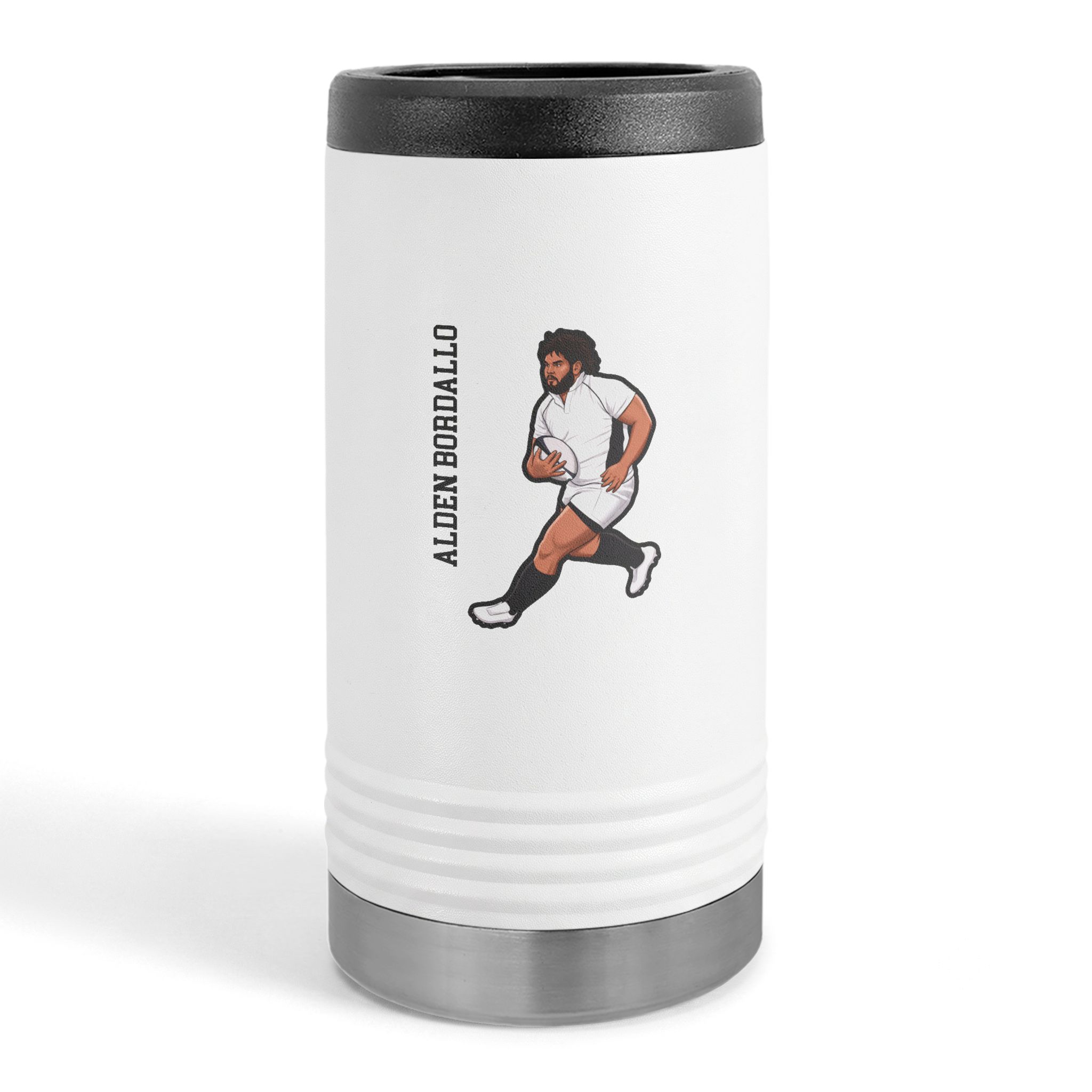 Slim Stainless Can Cooler — character_name_vertical in White