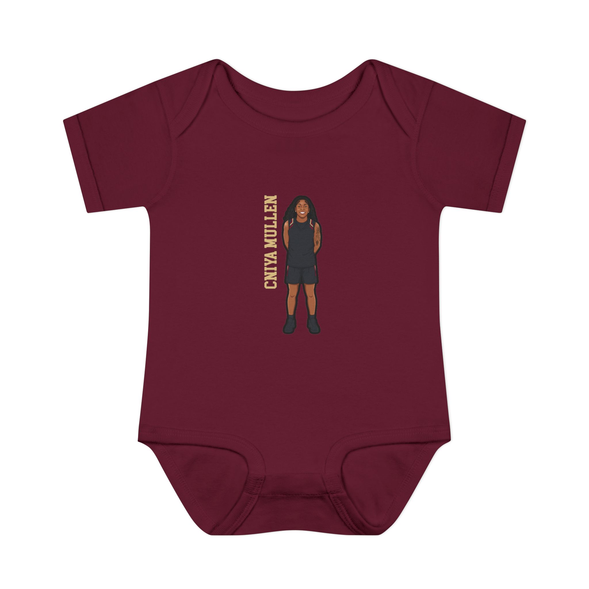 Baby Onesie — character_name_vertical in Maroon