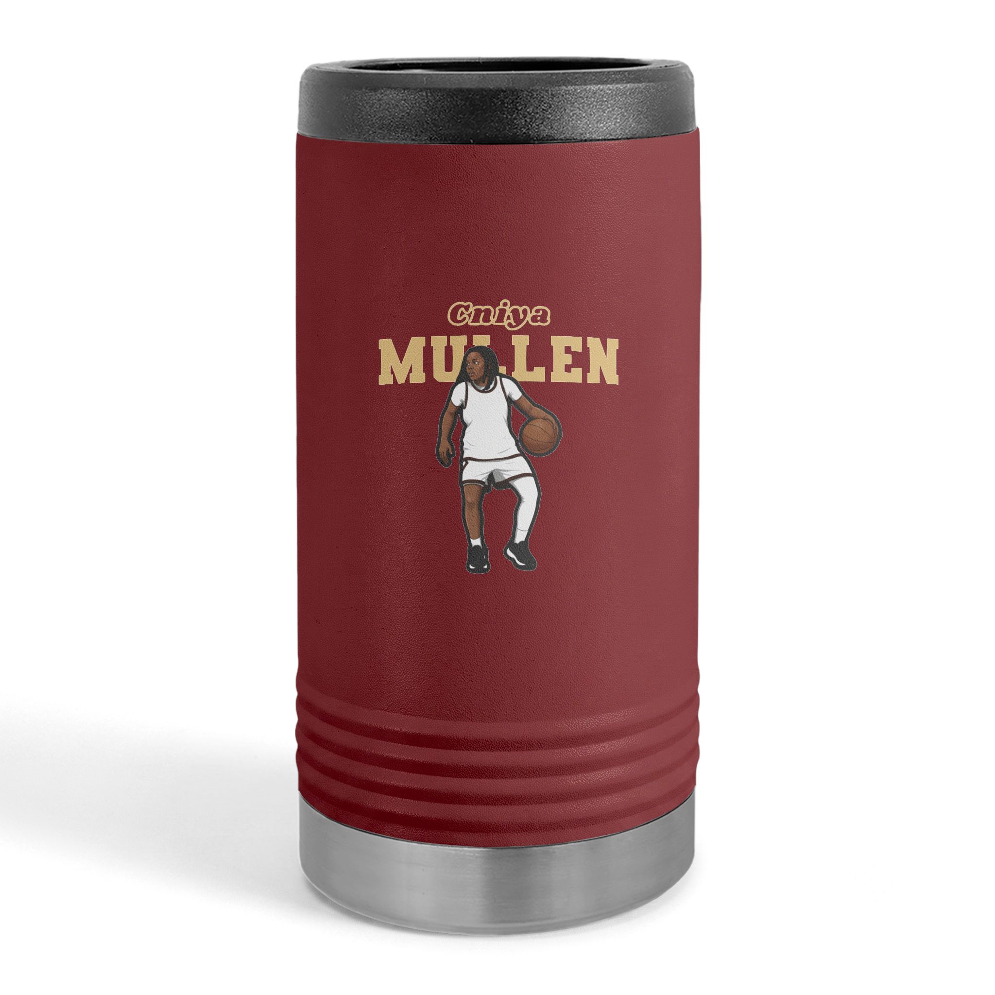 Slim Stainless Can Cooler — character_name_arch in Maroon