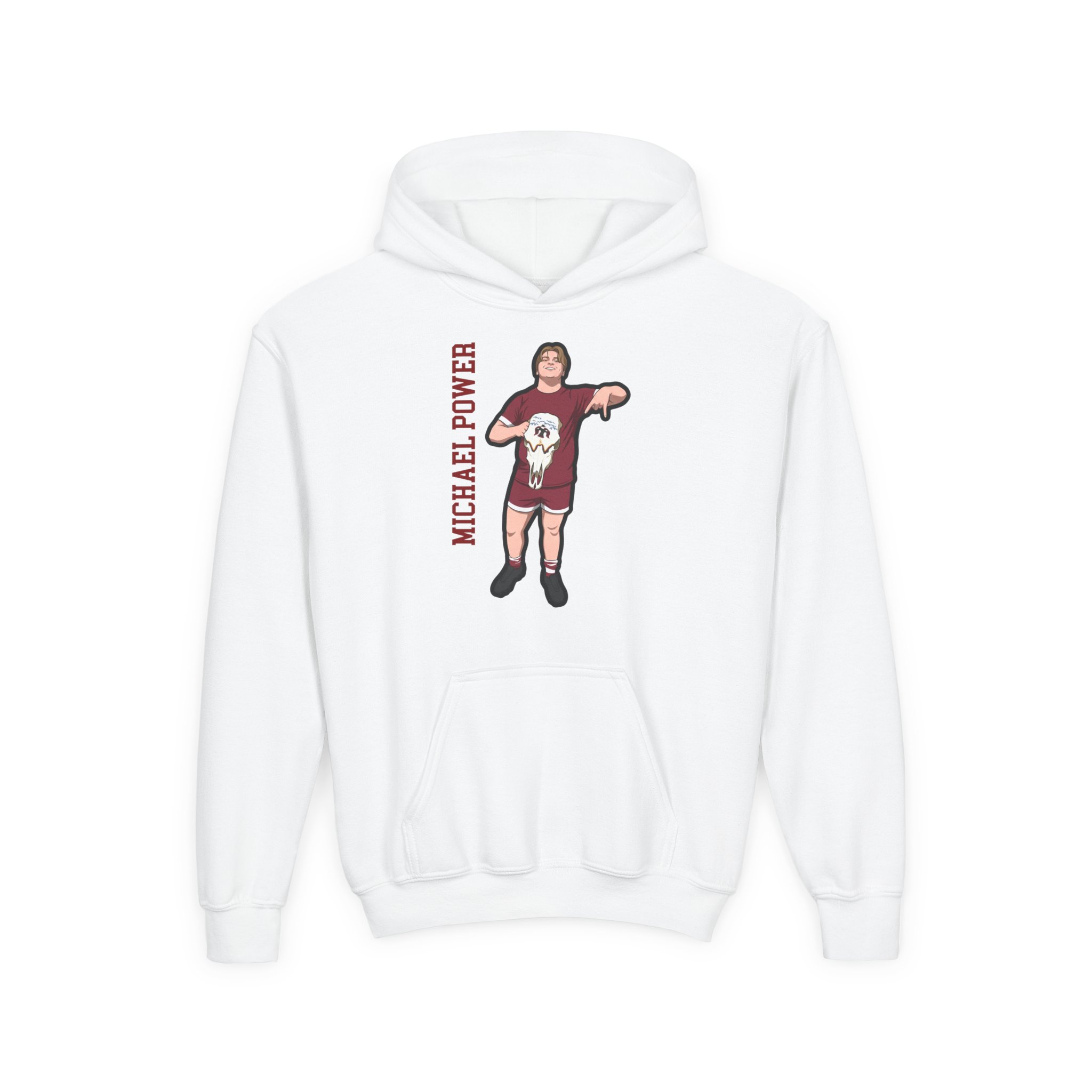 Youth Hoodie — character_name_vertical in White