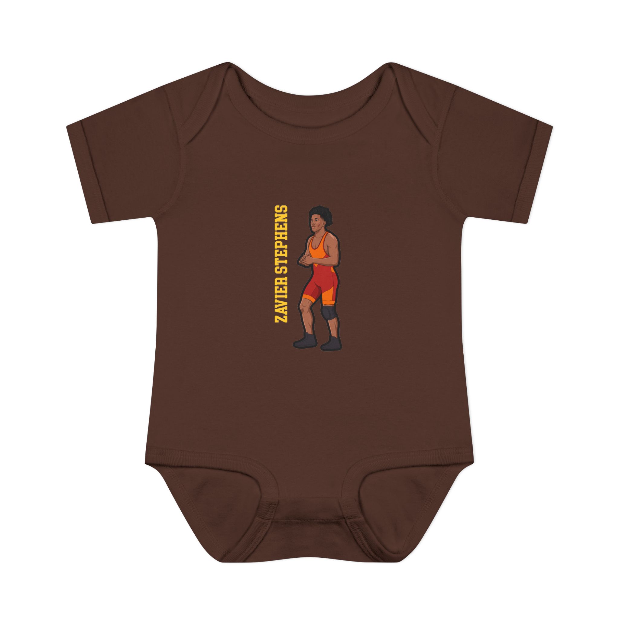 Baby Onesie — character_name_vertical in Brown