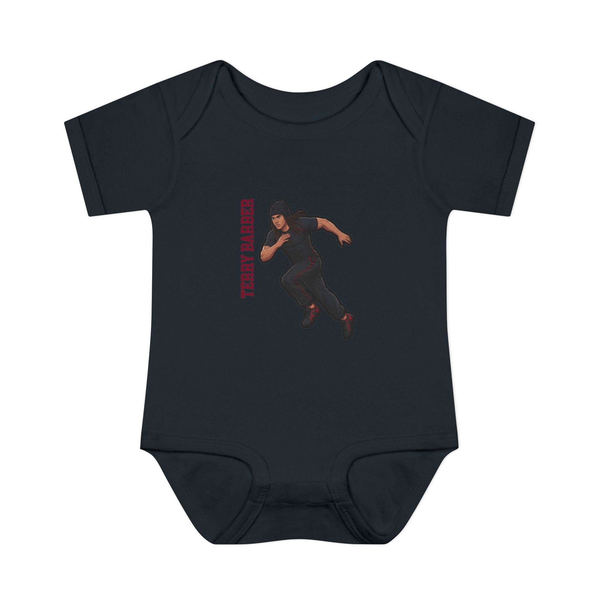Baby Onesie — character_name_vertical in Black