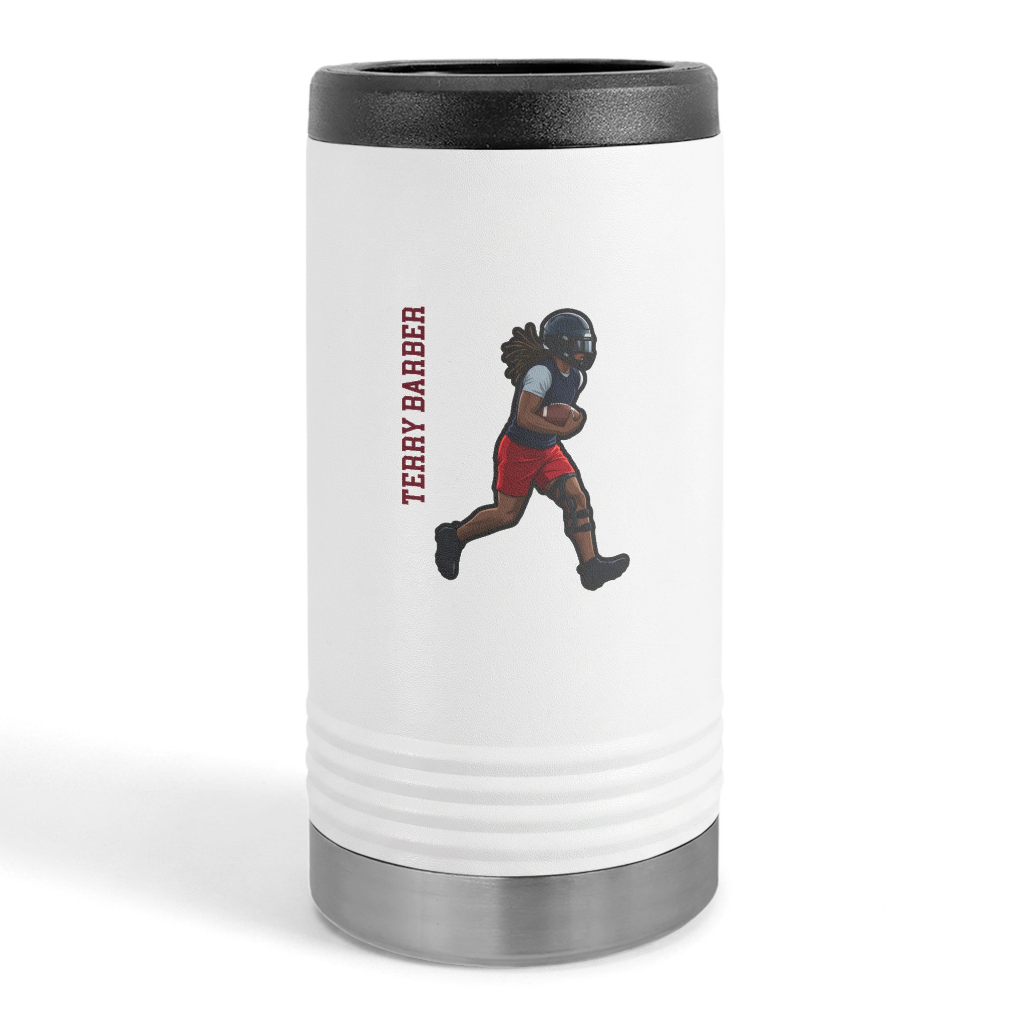 Slim Stainless Can Cooler — character_name_vertical in White