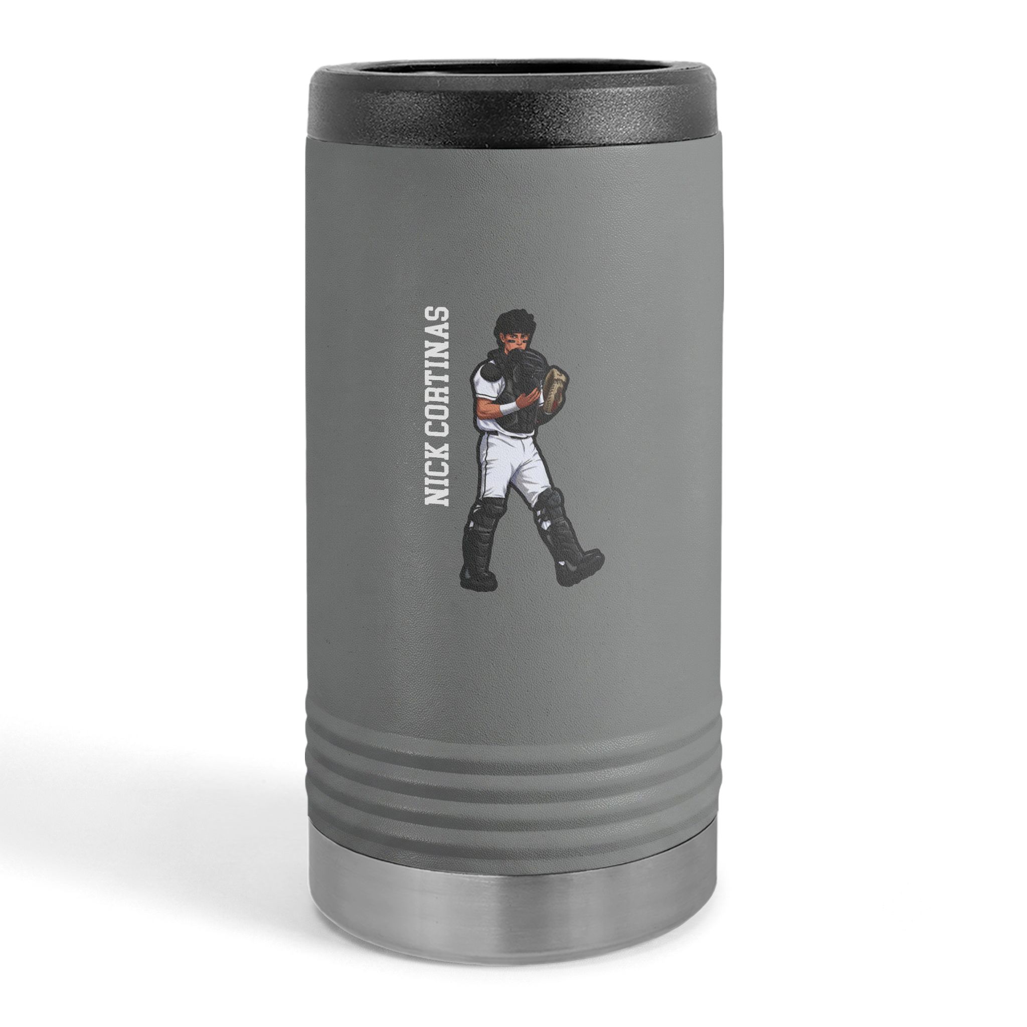 Slim Stainless Can Cooler — character_name_vertical in Grey