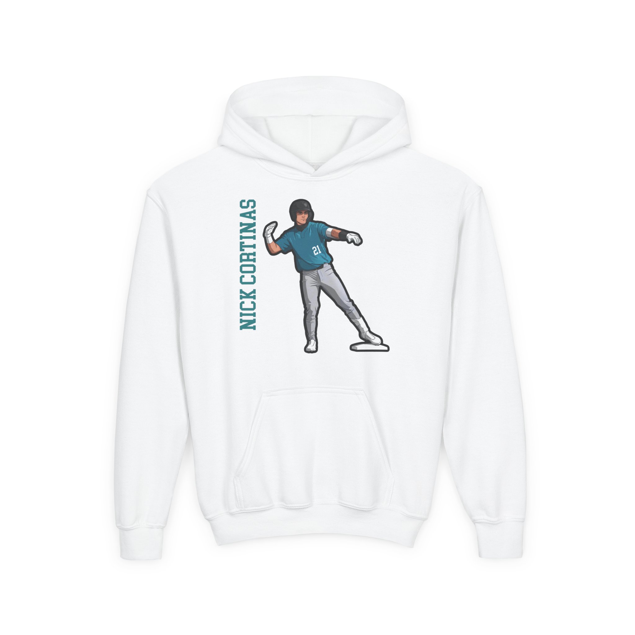 Youth Hoodie — character_name_vertical in White
