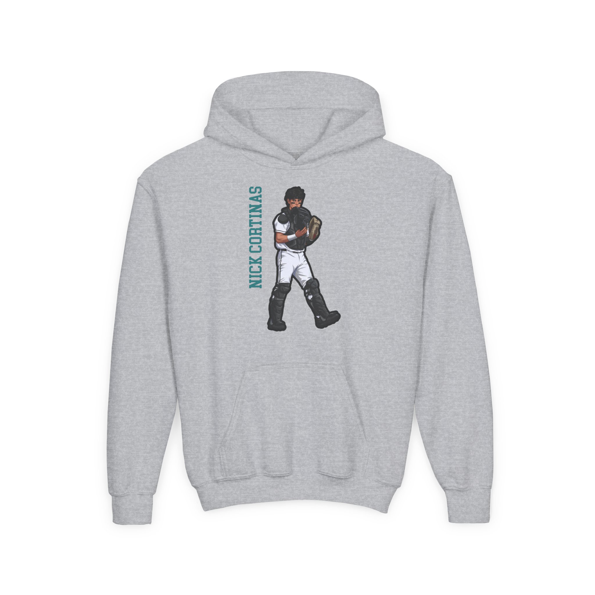 Youth Hoodie — character_name_vertical in Grey