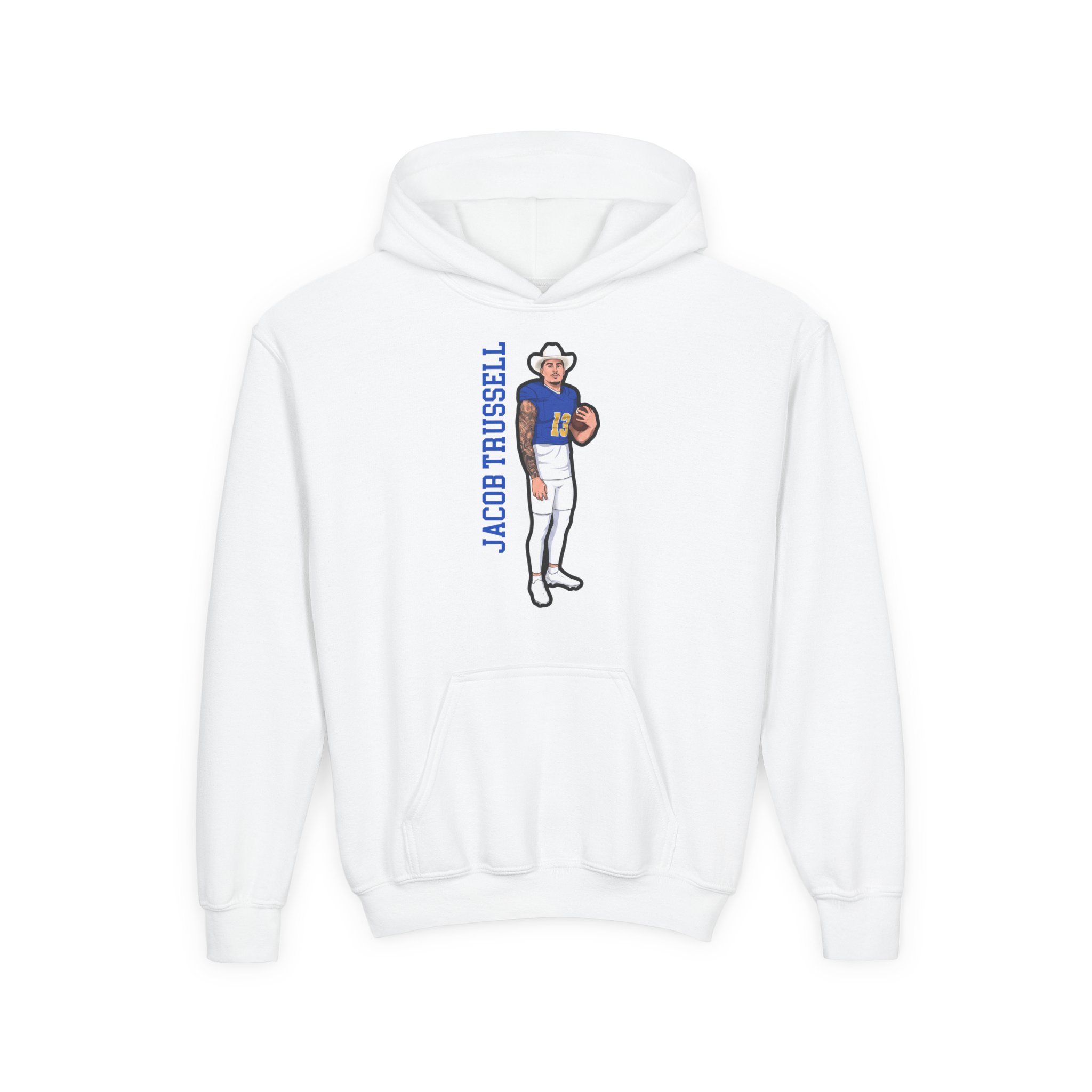 Youth Hoodie — character_name_vertical in White