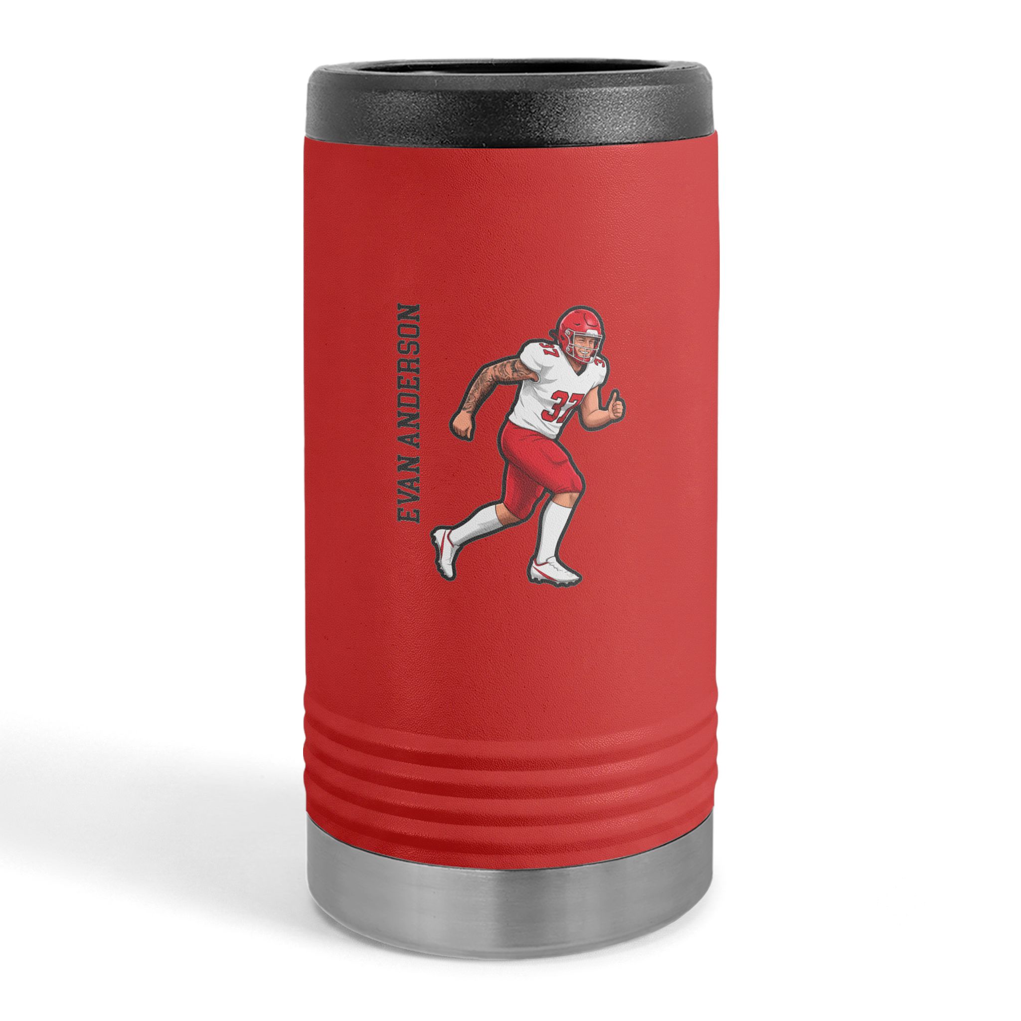 Slim Stainless Can Cooler — character_name_vertical in Red