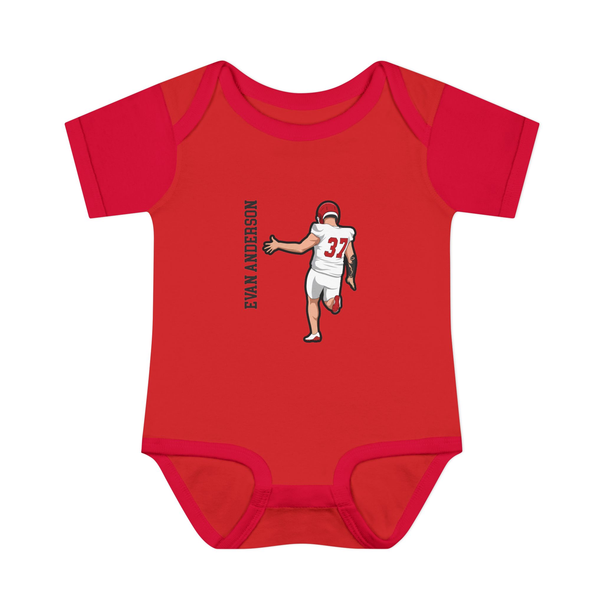 Baby Onesie — character_name_vertical in Red