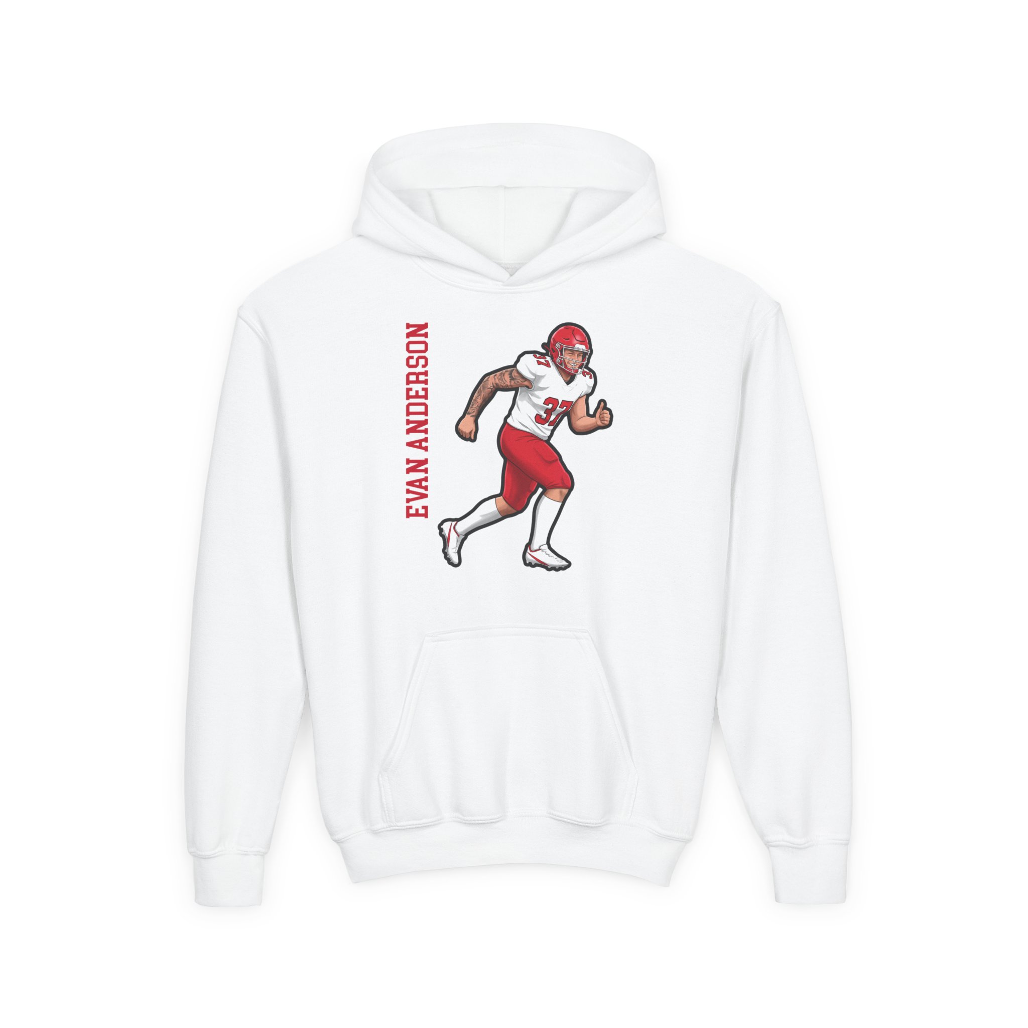 Youth Hoodie — character_name_vertical in White