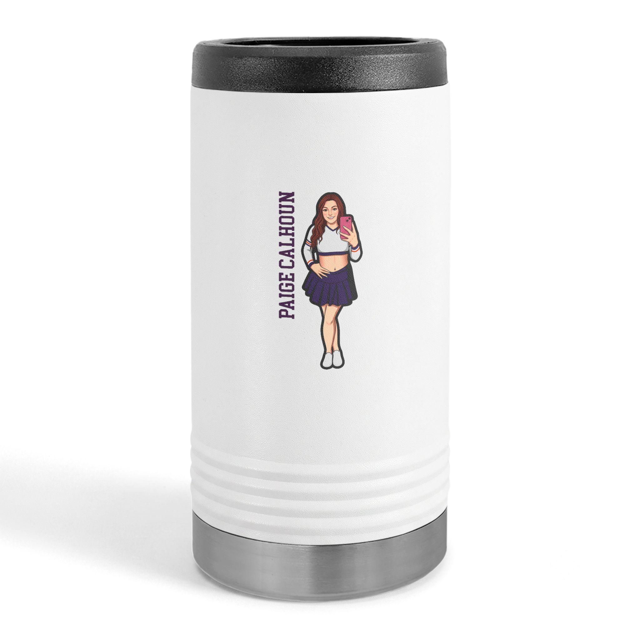 Slim Stainless Can Cooler — character_name_vertical in White