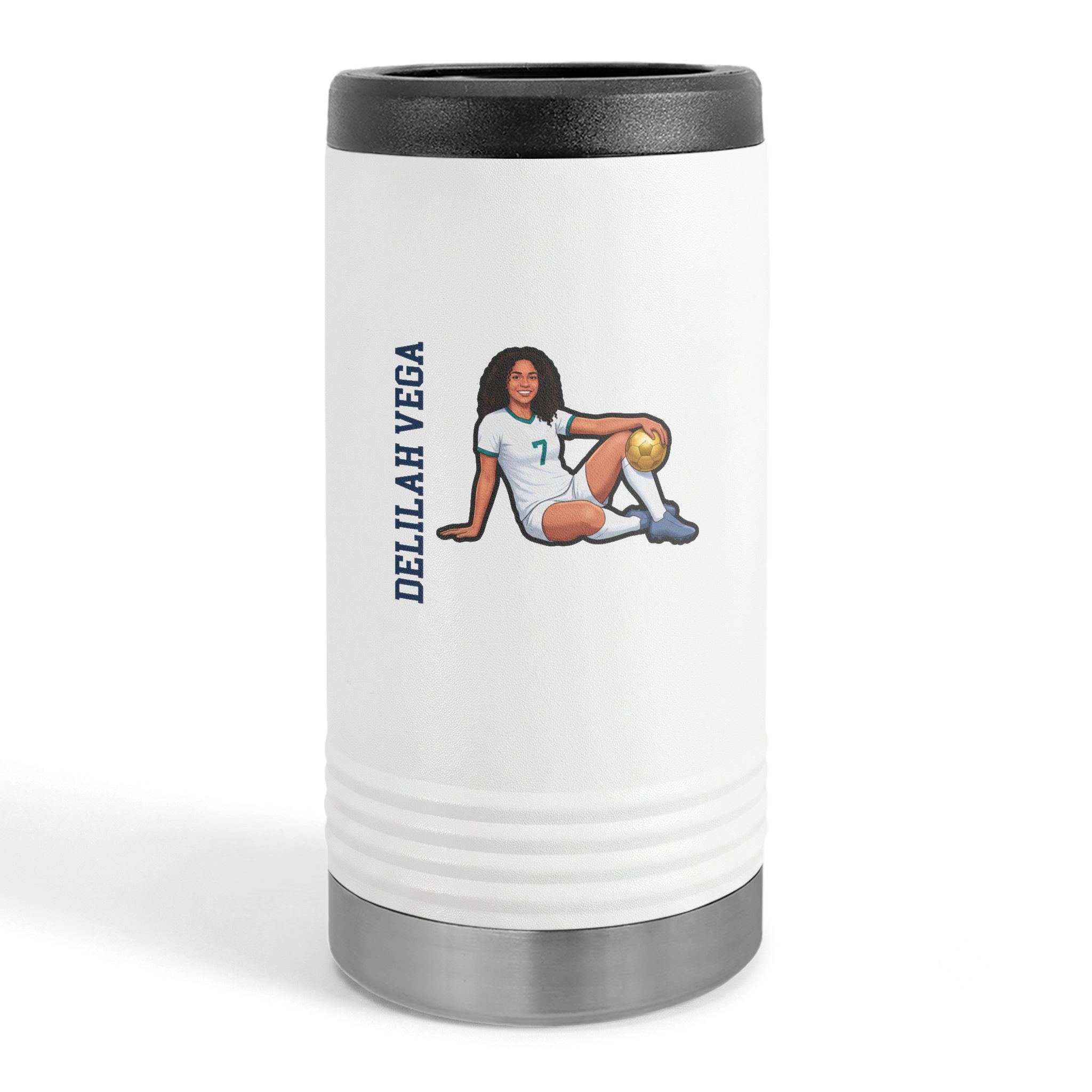 Slim Stainless Can Cooler — character_name_vertical in White