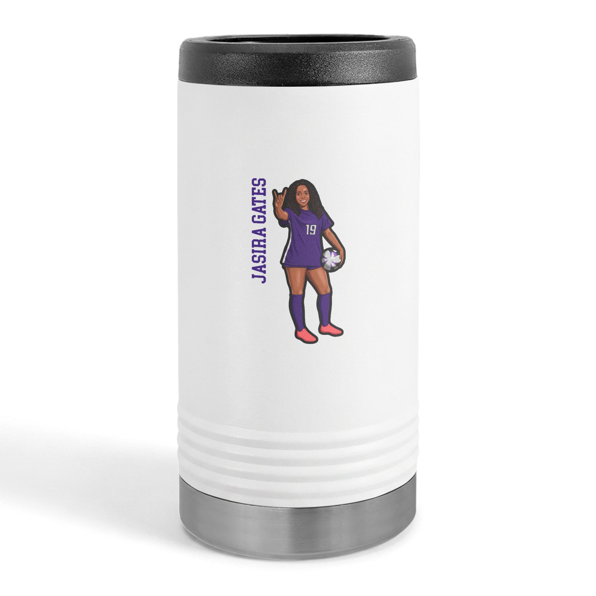 Slim Stainless Can Cooler — character_name_vertical in White